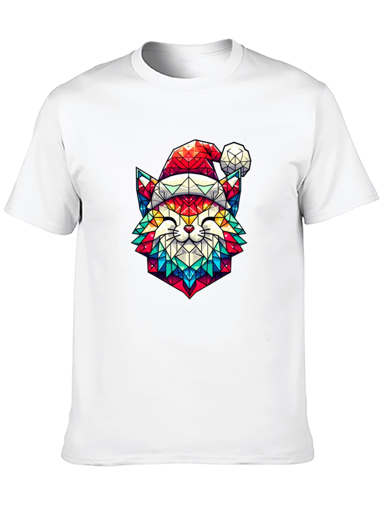 Festive Feline Tee - Geometric Cat in Santa Hat