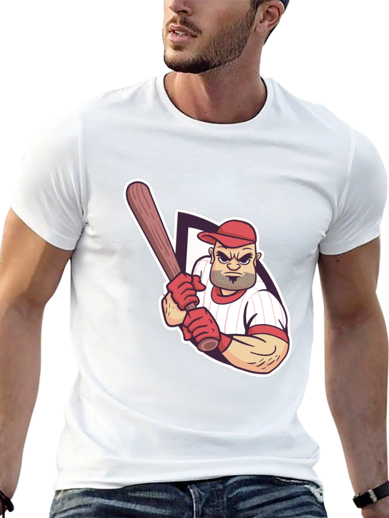 Baseball Player Graphic Tee - Black Cotton T-Shirt