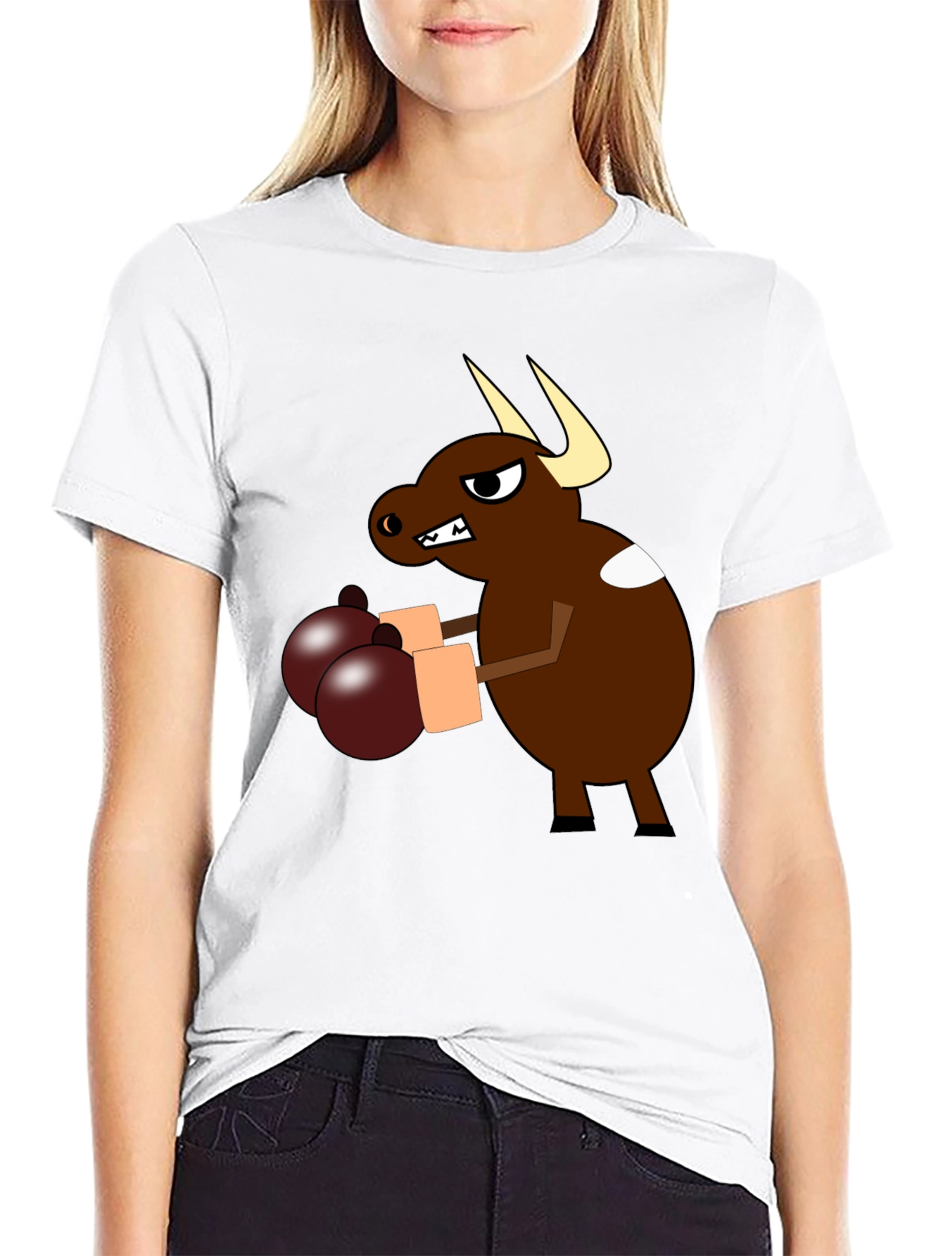Cartoon Boxing Bull Black T-Shirt