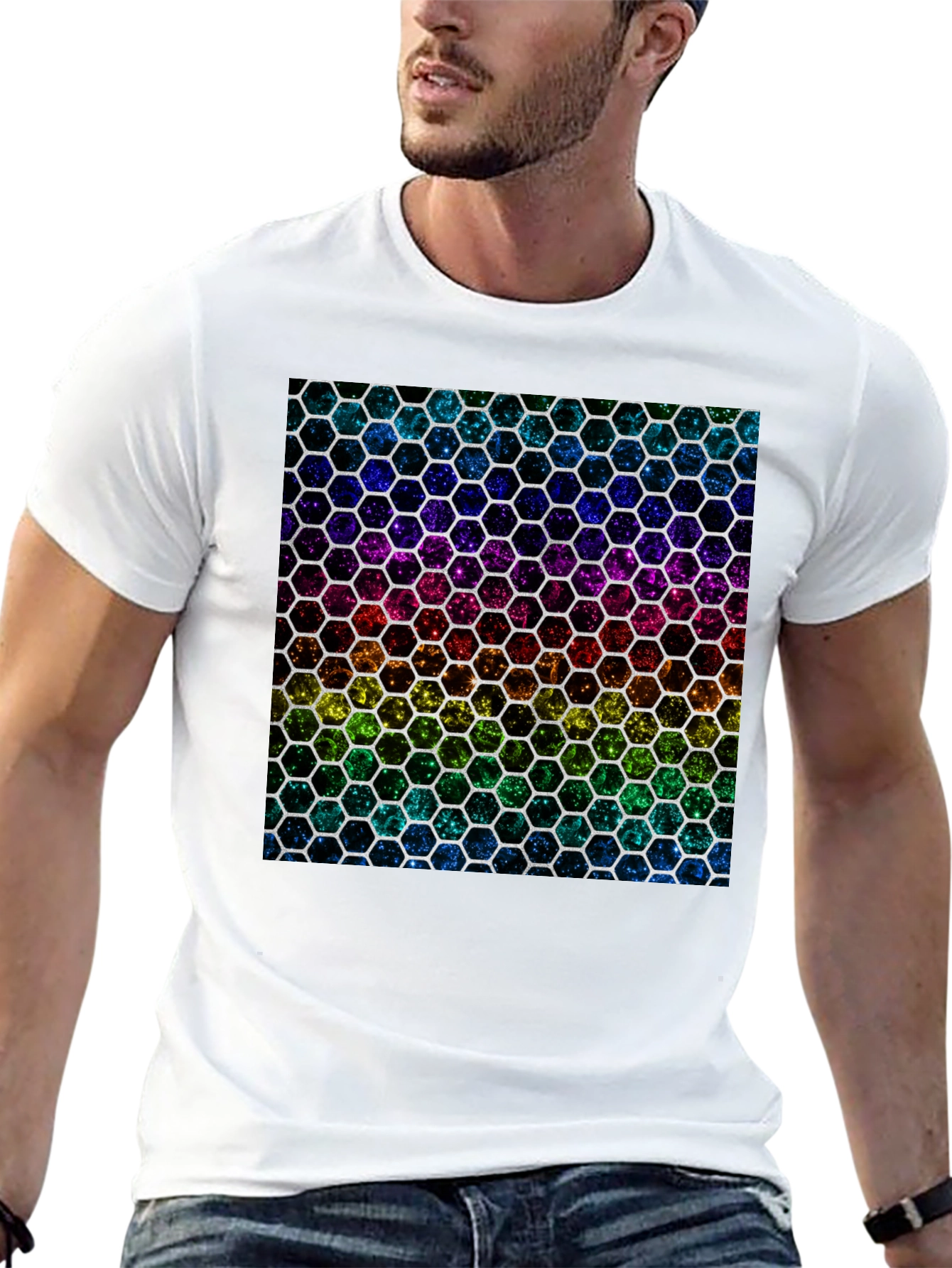 Rainbow Hexagon Pattern Black T-Shirt