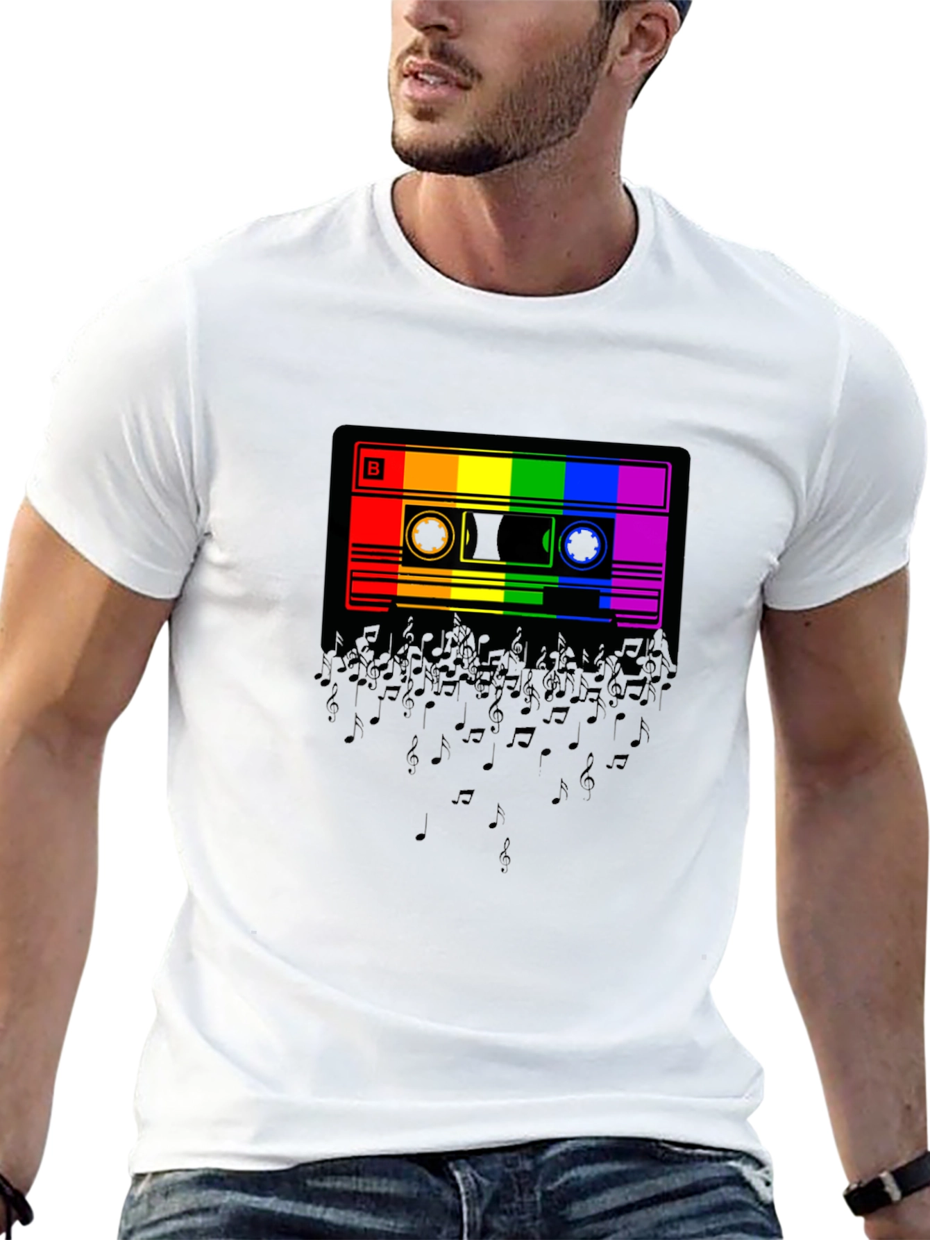 Rainbow Cassette Music Notes Graphic T-Shirt
