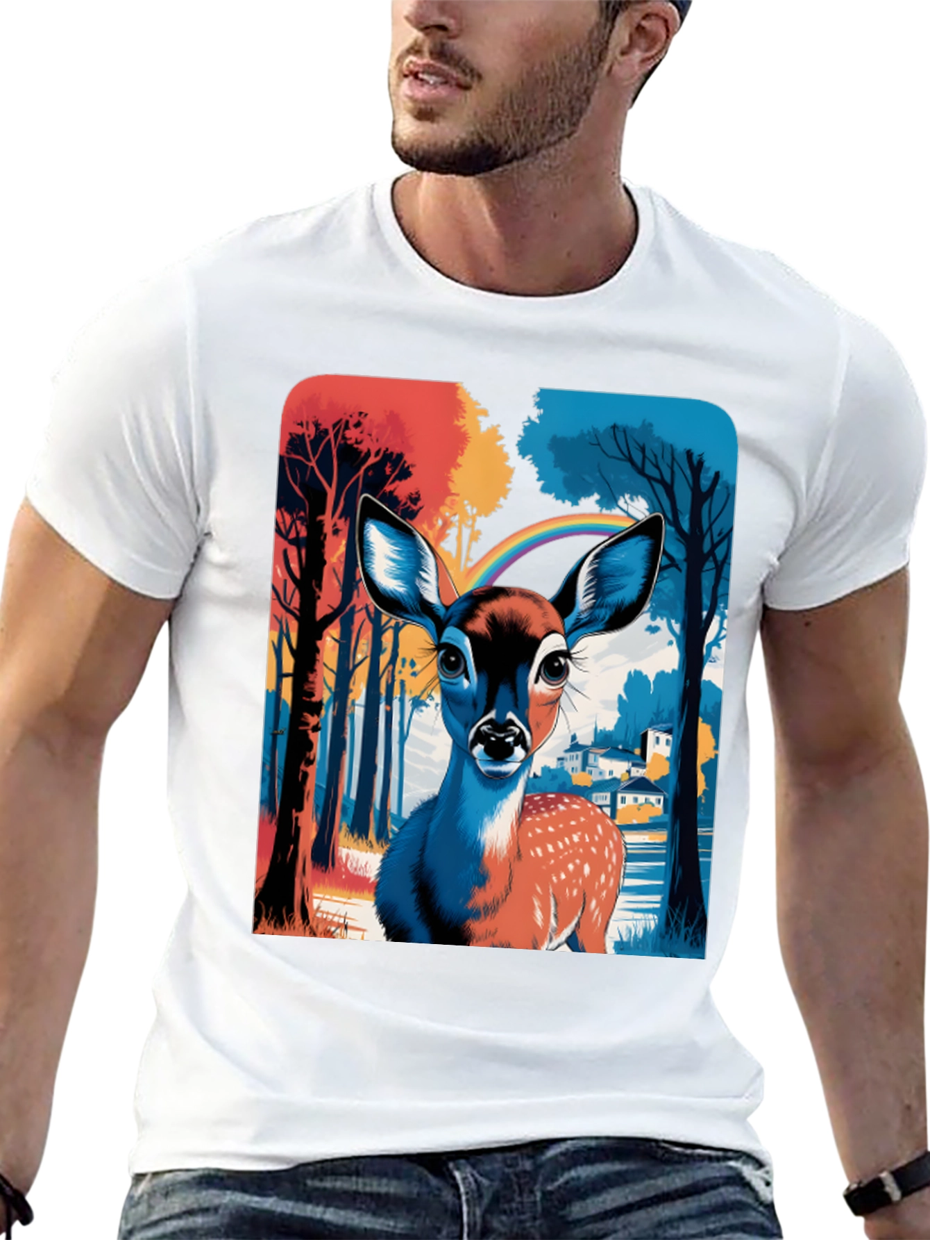 Deer Rainbow Graphic Tee - Stylish Mens T-Shirt