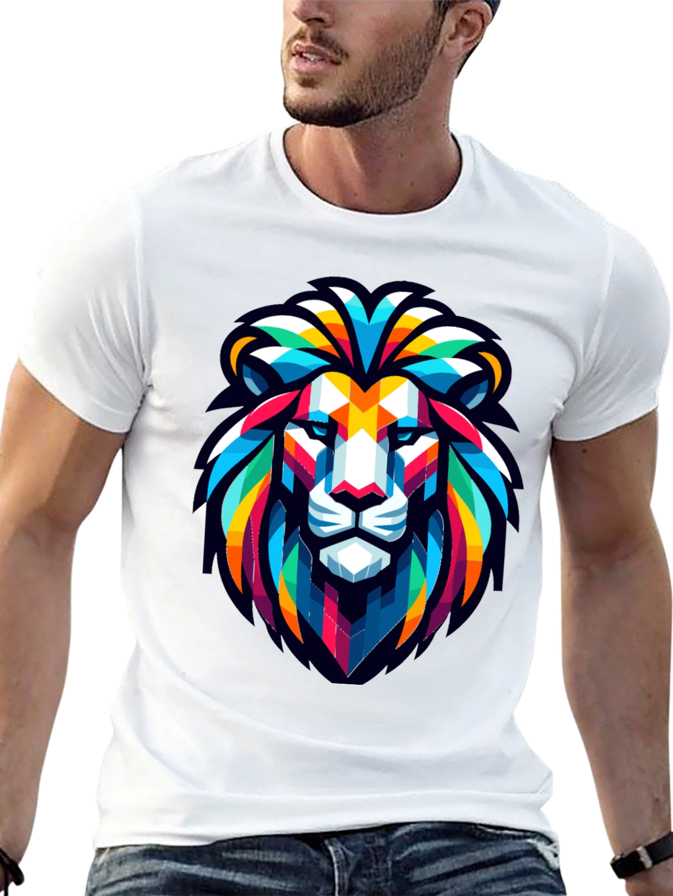 Geometric Lion Head Graphic Black T-Shirt