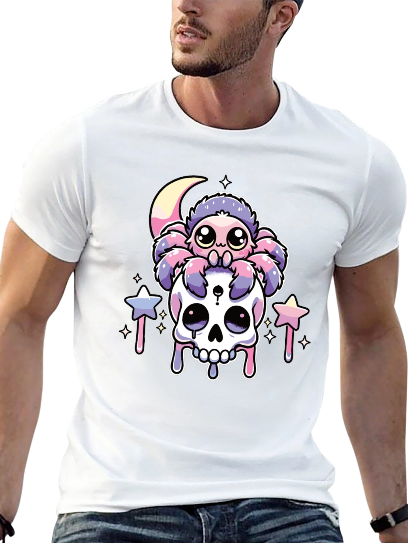 Cute Kawaii Spider on Skull Graphic T-Shirt