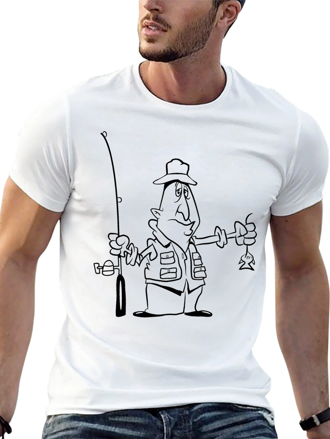 Cartoon Fisherman Black T-Shirt