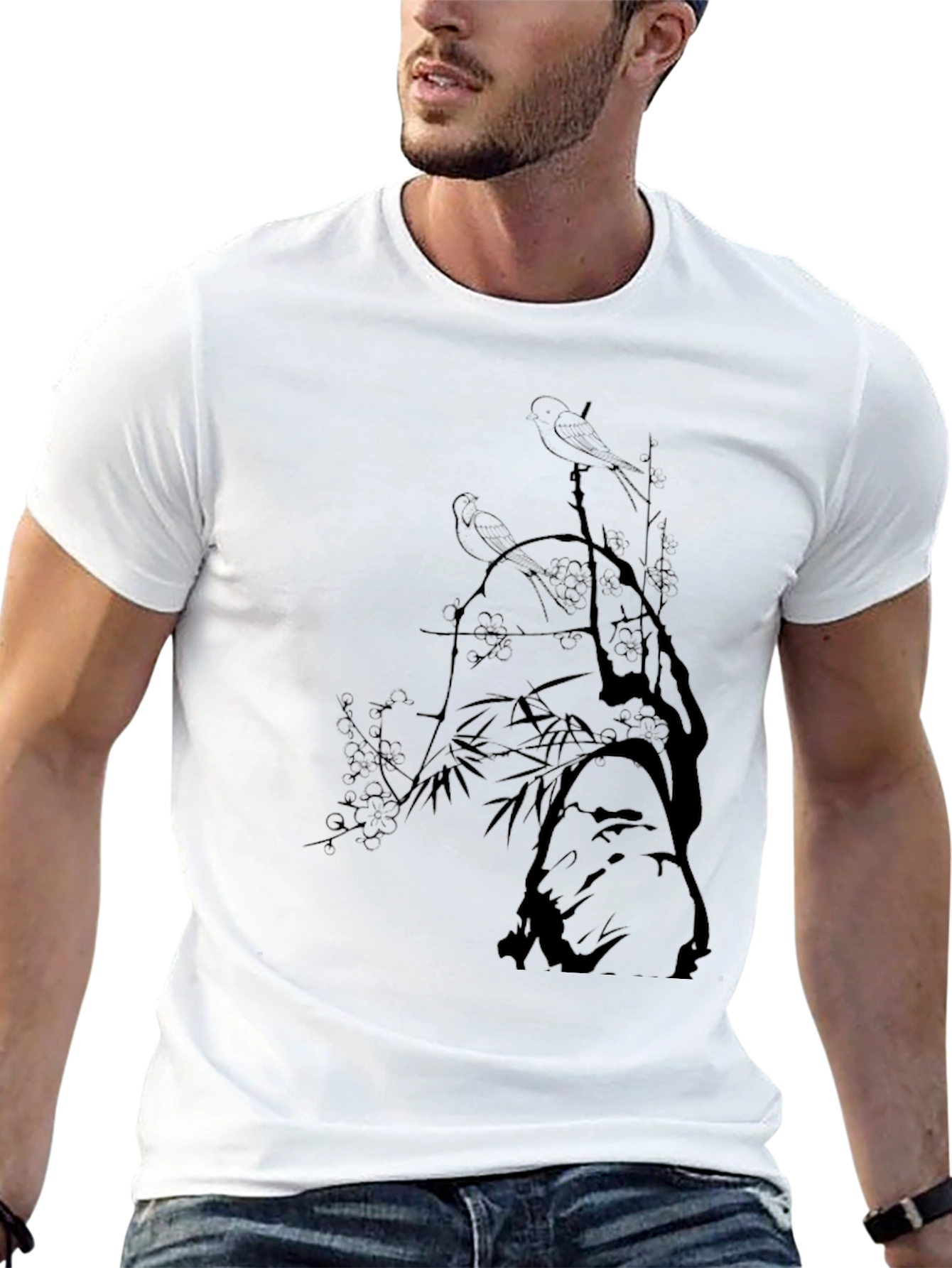 Mens Black T-Shirt with Bird & Branch Graphic