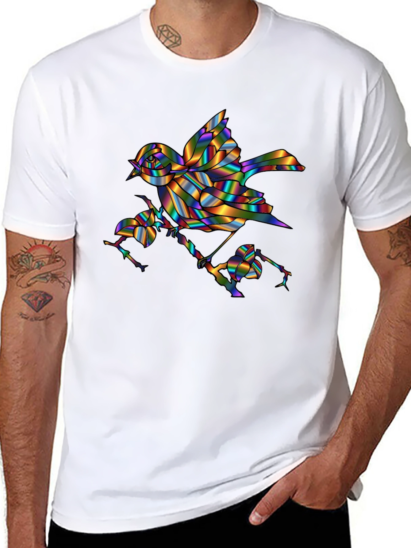 Rainbow Bird Graphic Print Mens Black T-Shirt