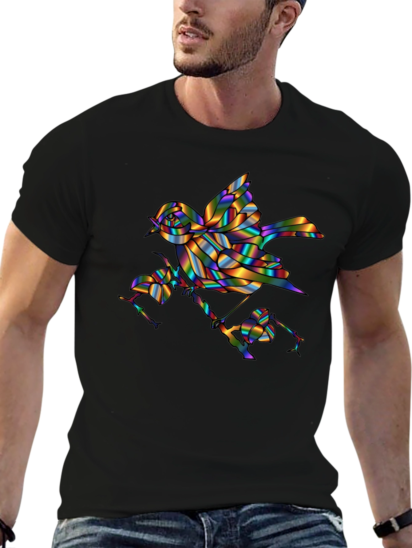 Rainbow Bird Graphic Print Mens Black T-Shirt