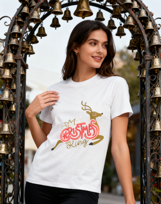 Christmas King Reindeer Neon Graphic T-Shirt - 100% Cotton, Festive Holiday Tee for Christmas Gatherings & Casual Wear