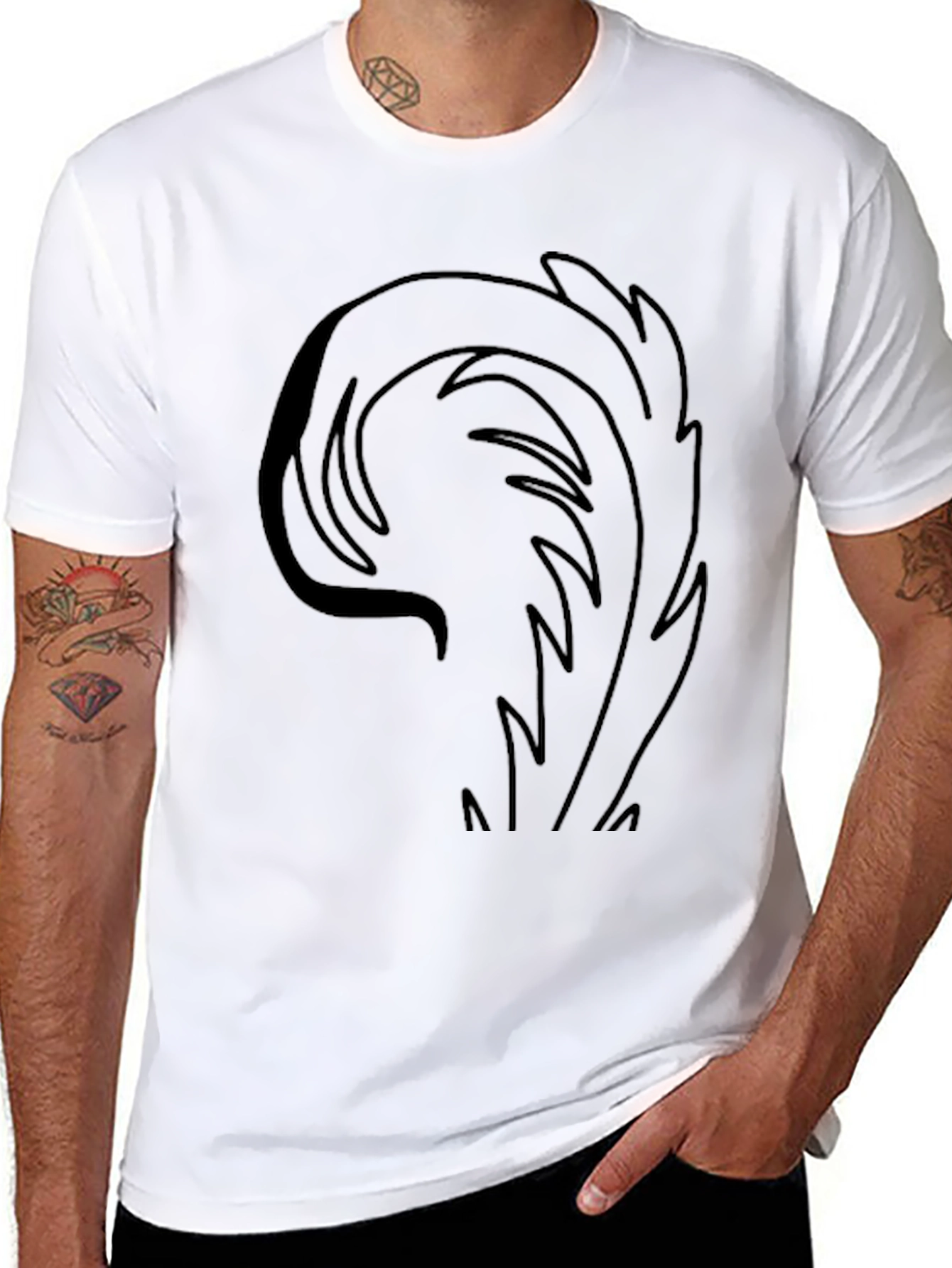 Mens Black T-Shirt with Abstract Feather Design