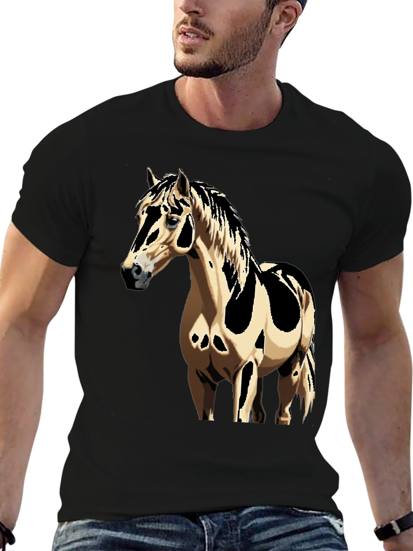 Horse Graphic Tee - Black Cotton Casual Shirt
