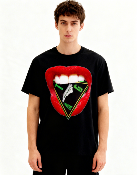 Red Lips Geometric Graphic T-Shirt - Edgy Trendy Casual Streetwear Tee