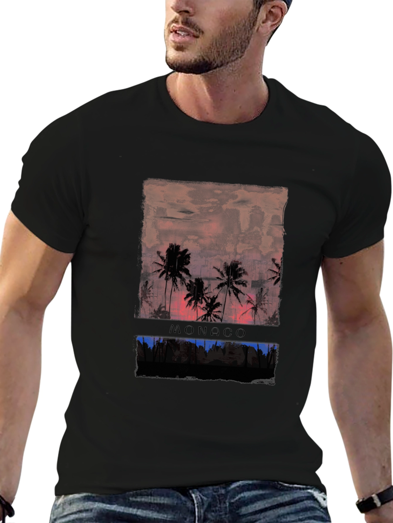 Monaco Palm Tree Graphic Print Black T-Shirt
