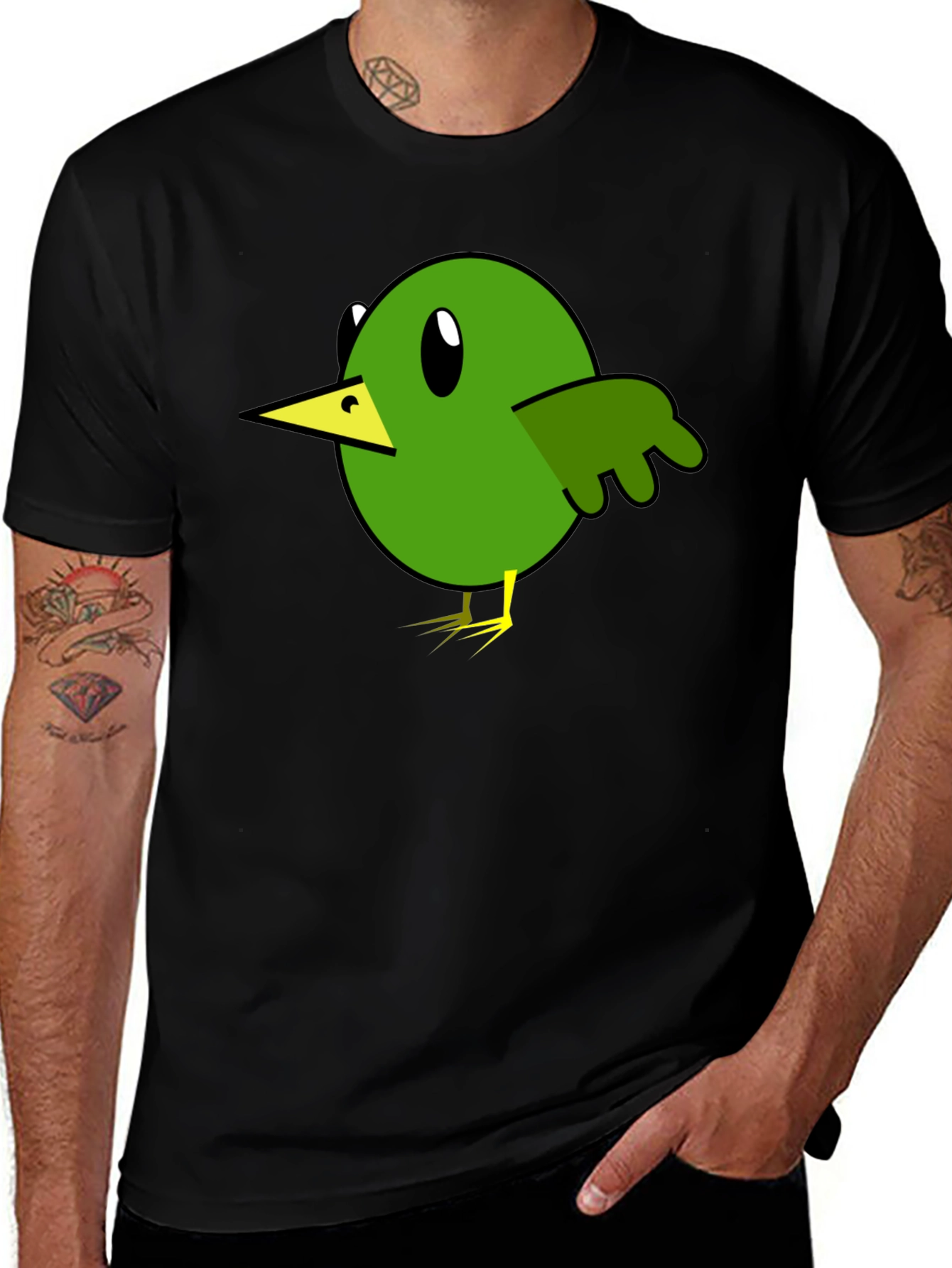 Cartoon Bird Graphic Tee - Black Cotton T-Shirt