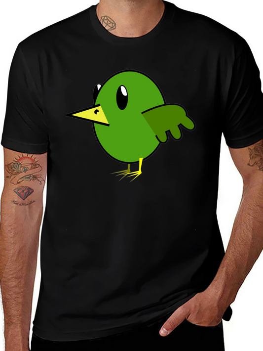 Cartoon Bird Graphic Tee - Black Cotton T-Shirt