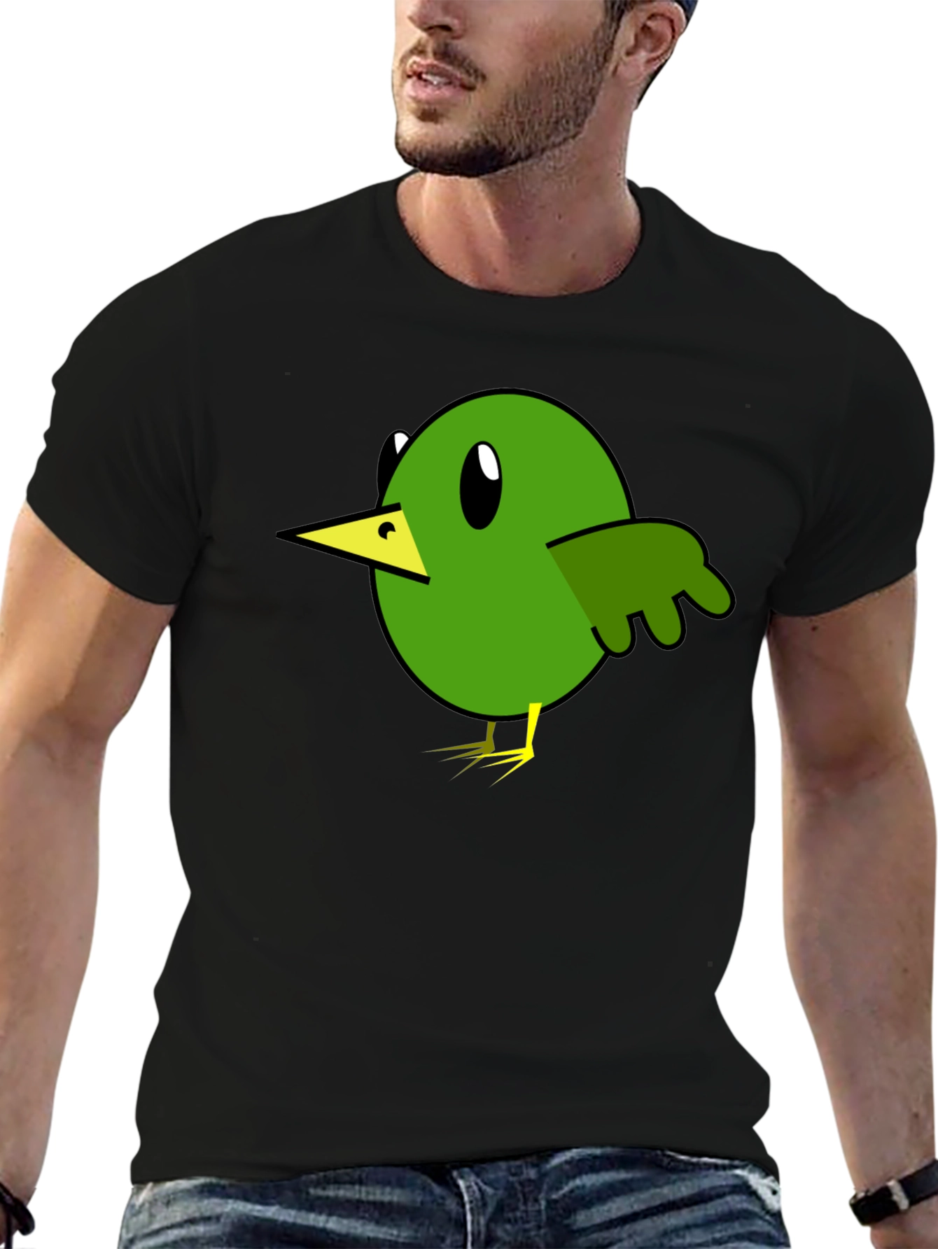 Cartoon Bird Graphic Tee - Black Cotton T-Shirt