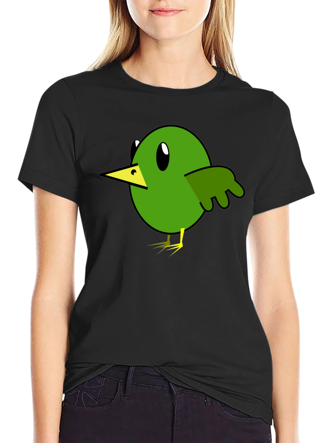 Cartoon Bird Graphic Tee - Black Cotton T-Shirt