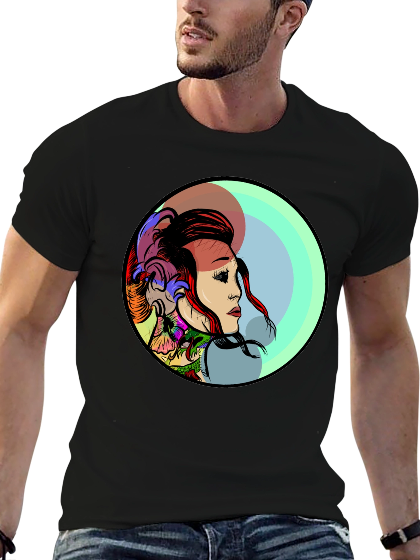 Edgy Tattoo Art Graphic Black T-Shirt for Men