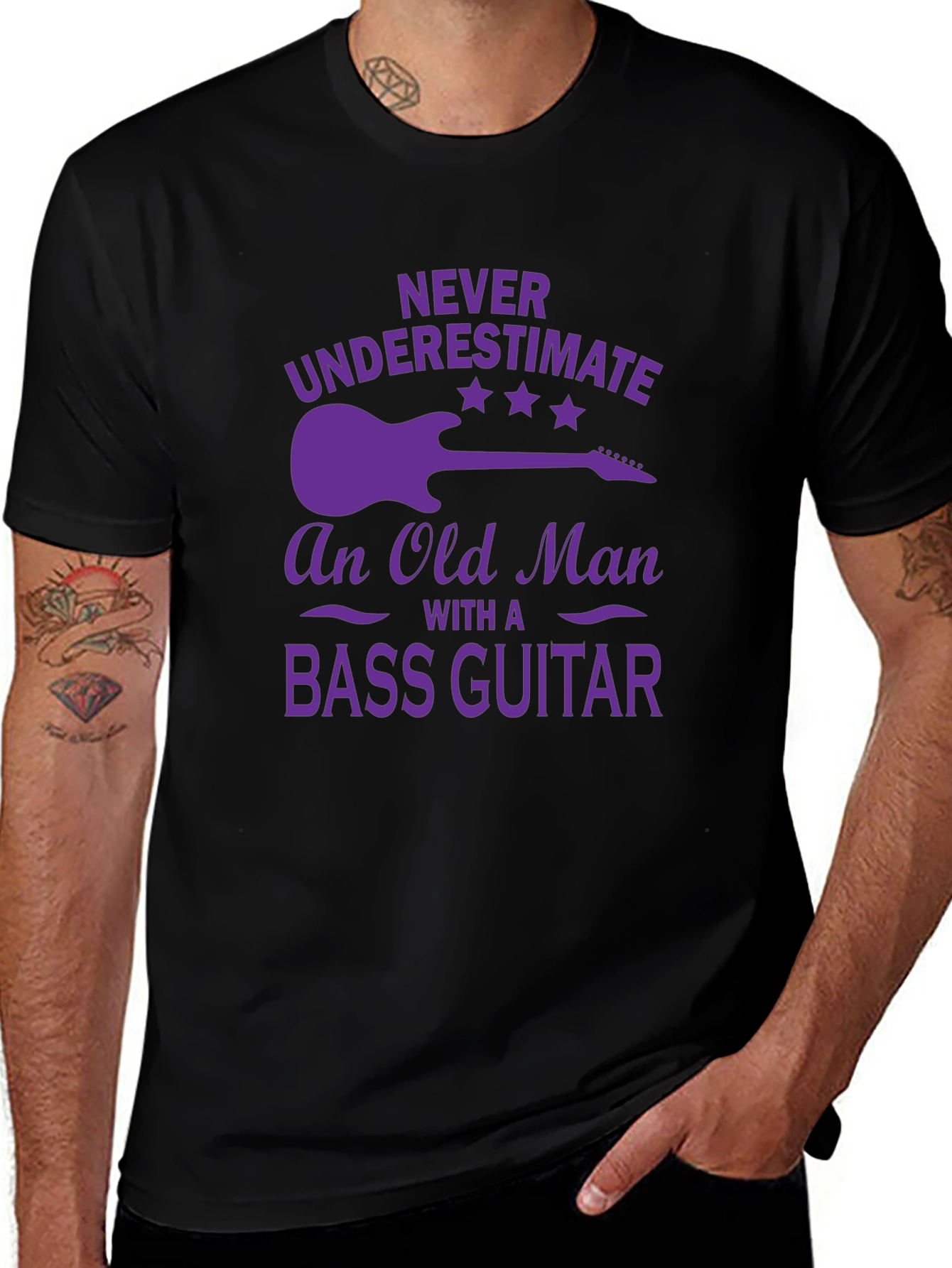 Bass Guitar Old Man T-Shirt - Purple Graphic Tee