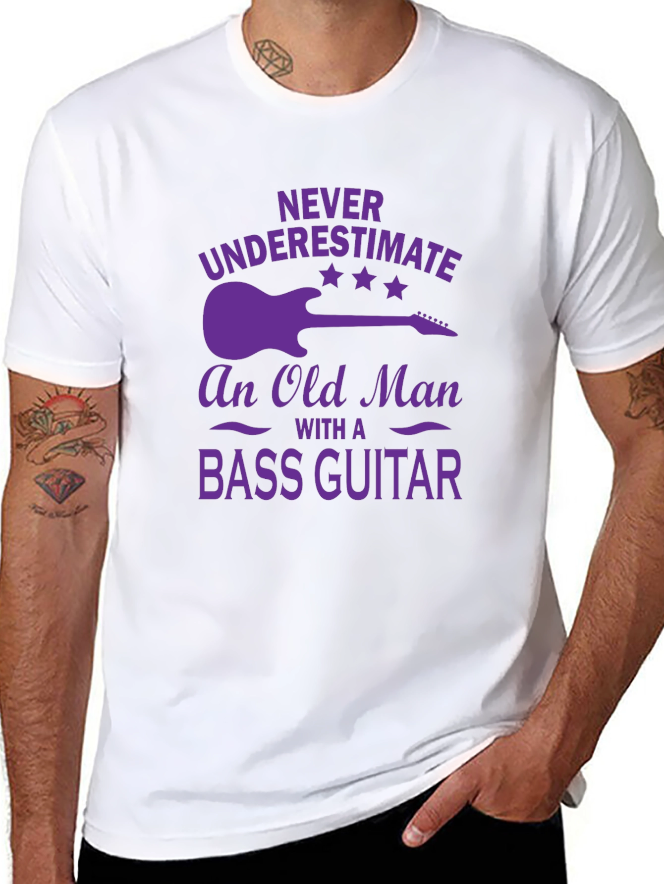 Bass Guitar Old Man T-Shirt - Purple Graphic Tee