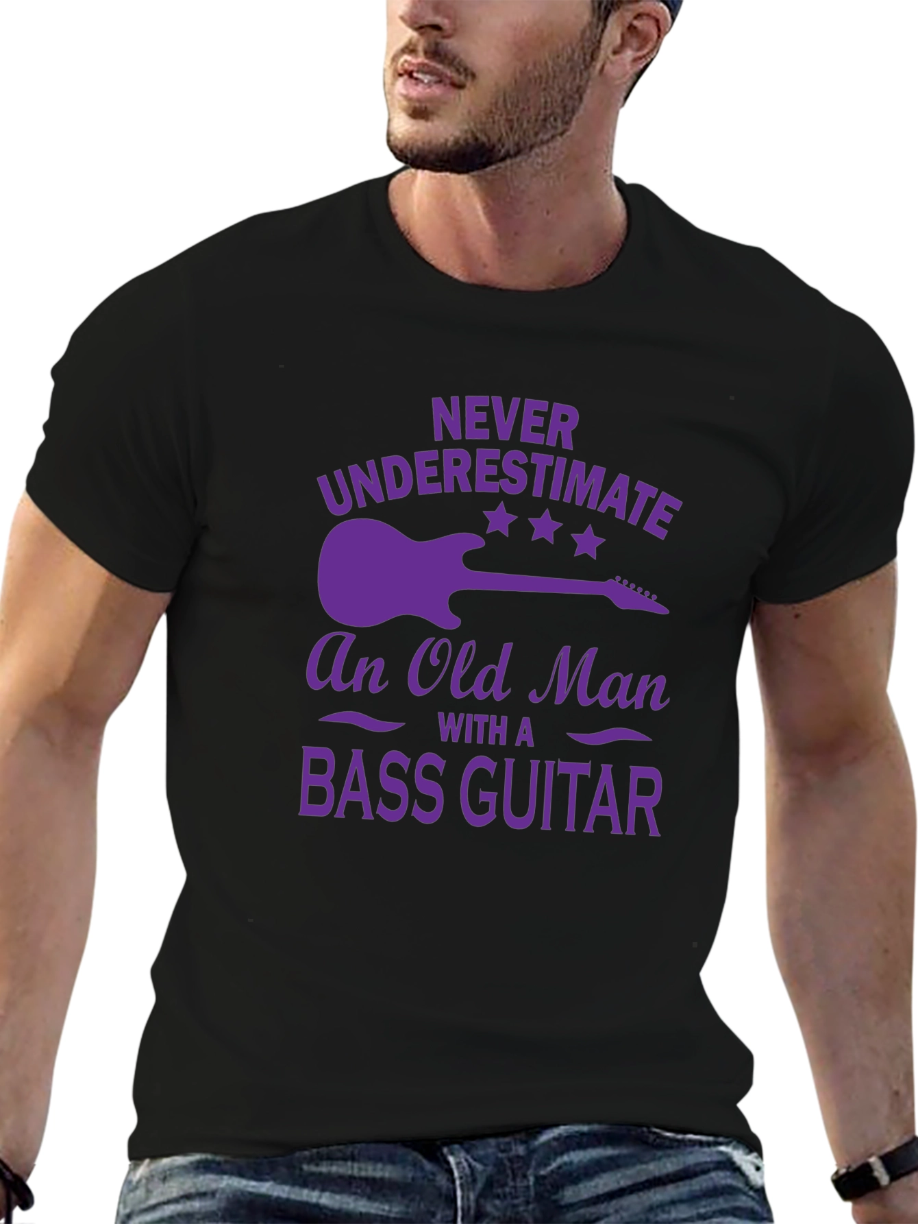 Bass Guitar Old Man T-Shirt - Purple Graphic Tee