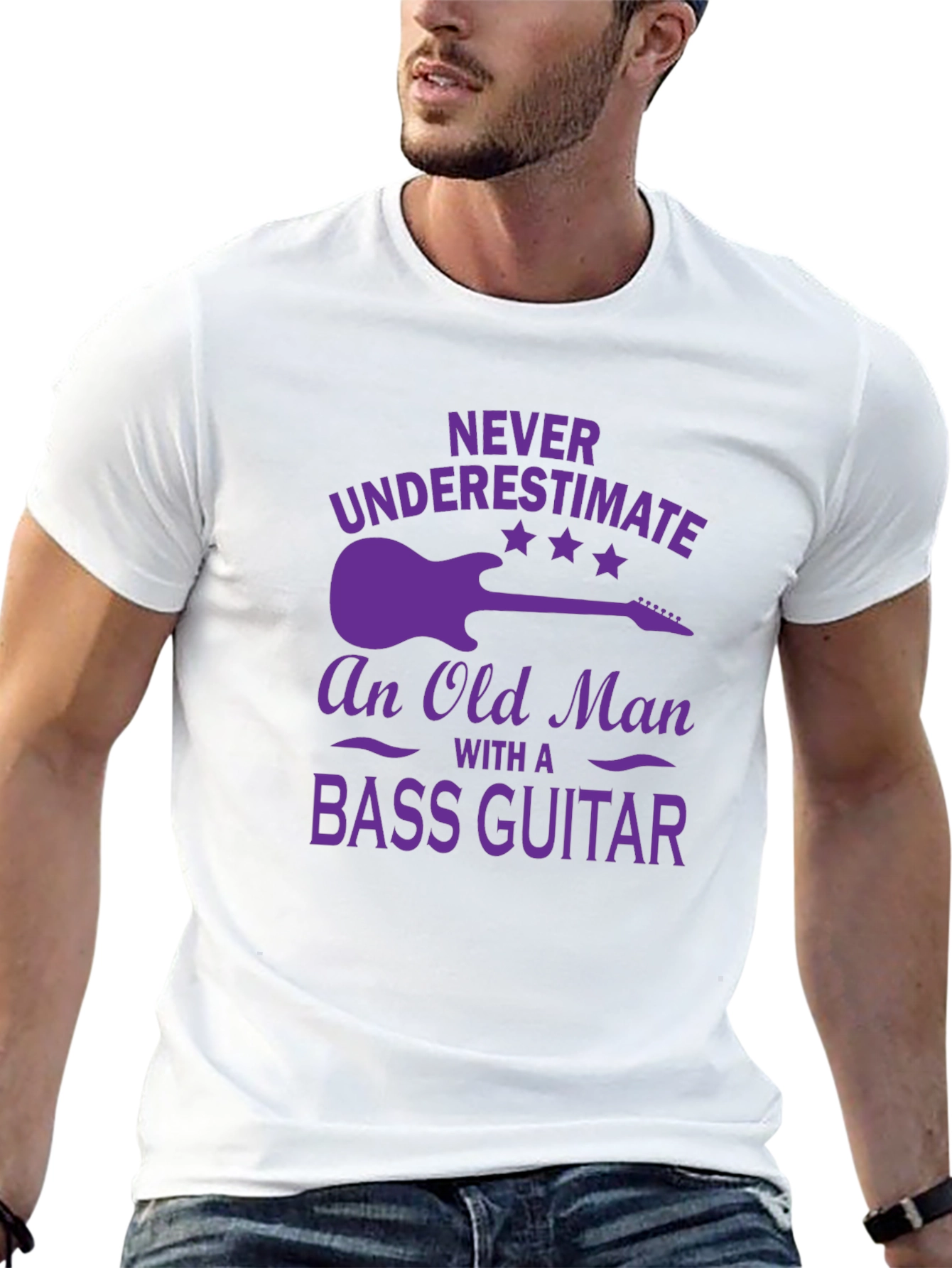 Bass Guitar Old Man T-Shirt - Purple Graphic Tee