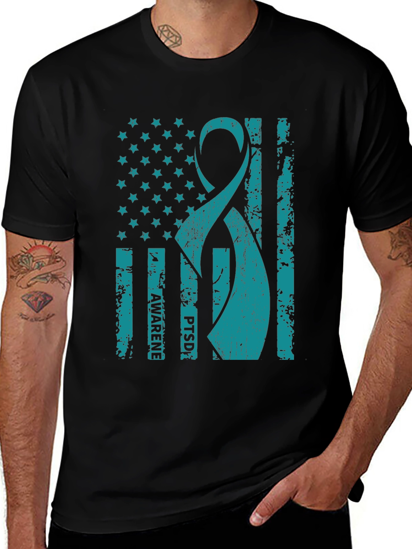 PTSD Awareness American Flag Ribbon T-Shirt