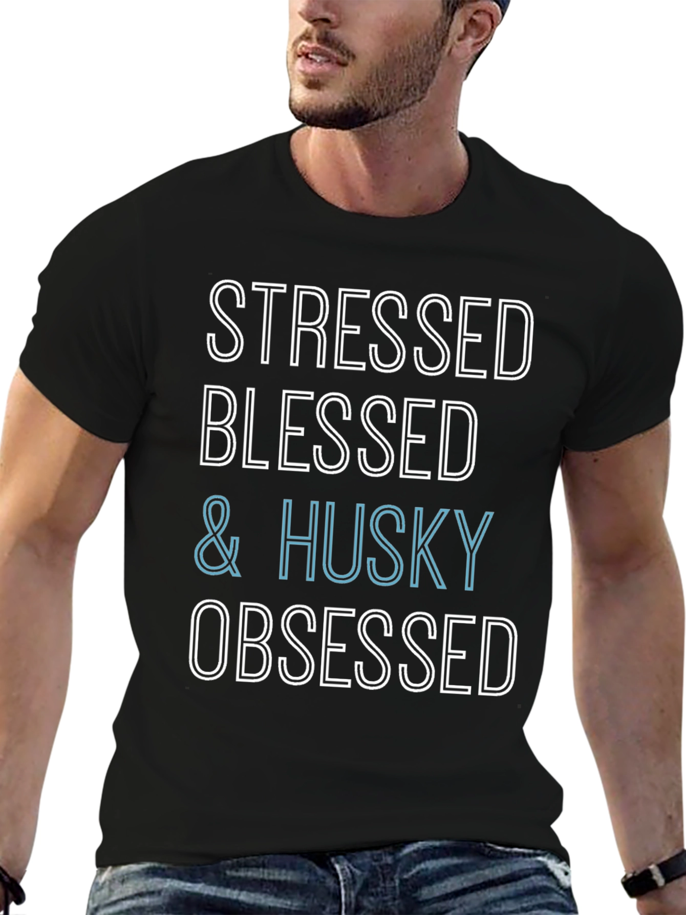 Stressed Blessed & Husky Obsessed Black T-Shirt