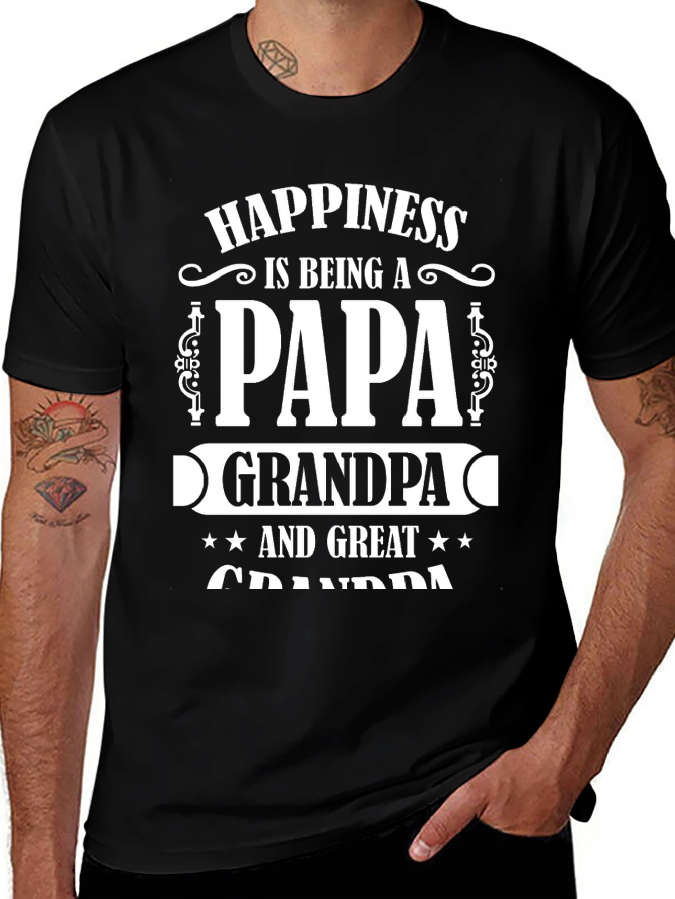 Happiness Papa Grandpa Great Grandpa Black T-Shirt