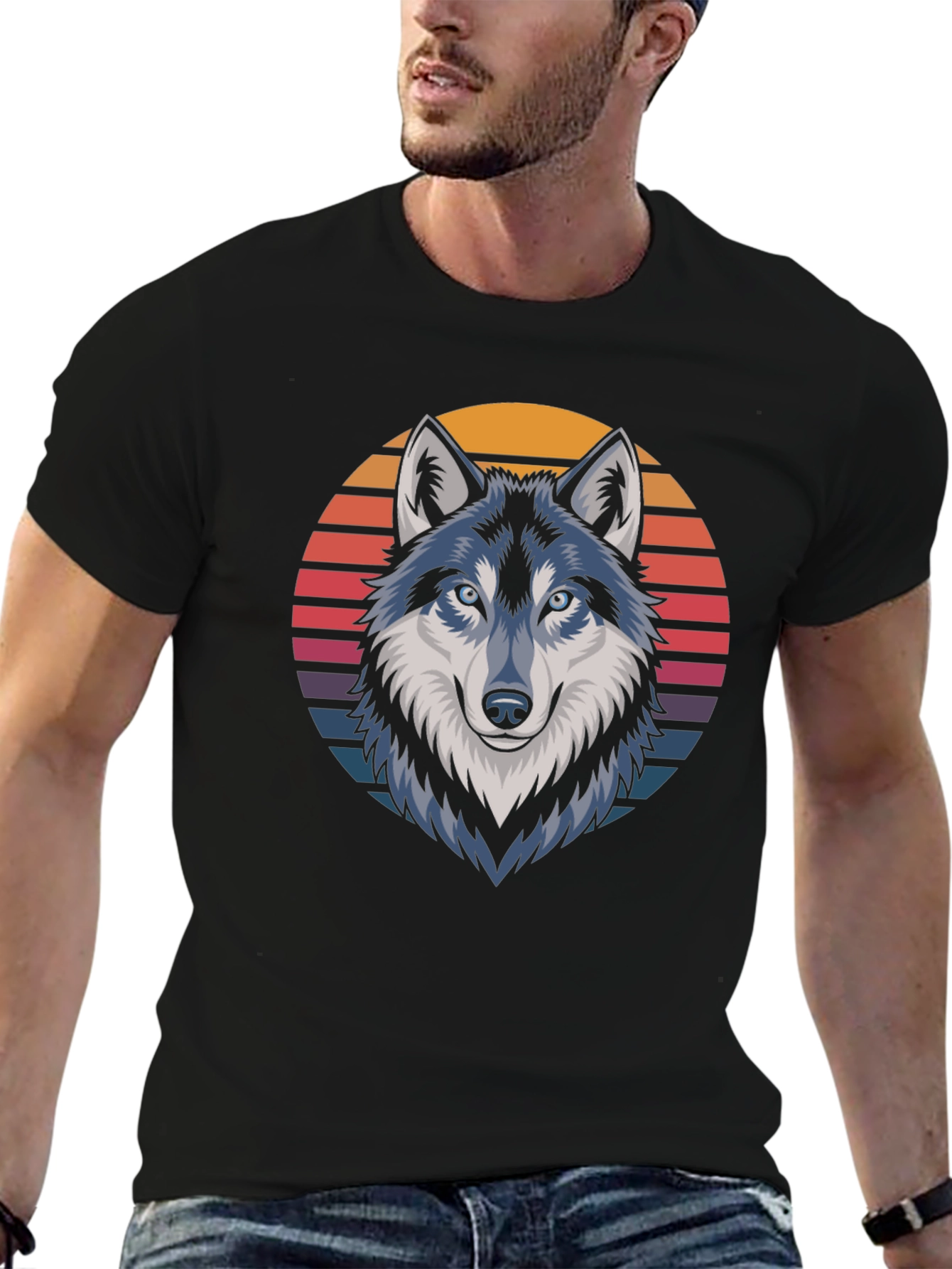 Retro Wolf Graphic Tee - Stylish Black T-Shirt