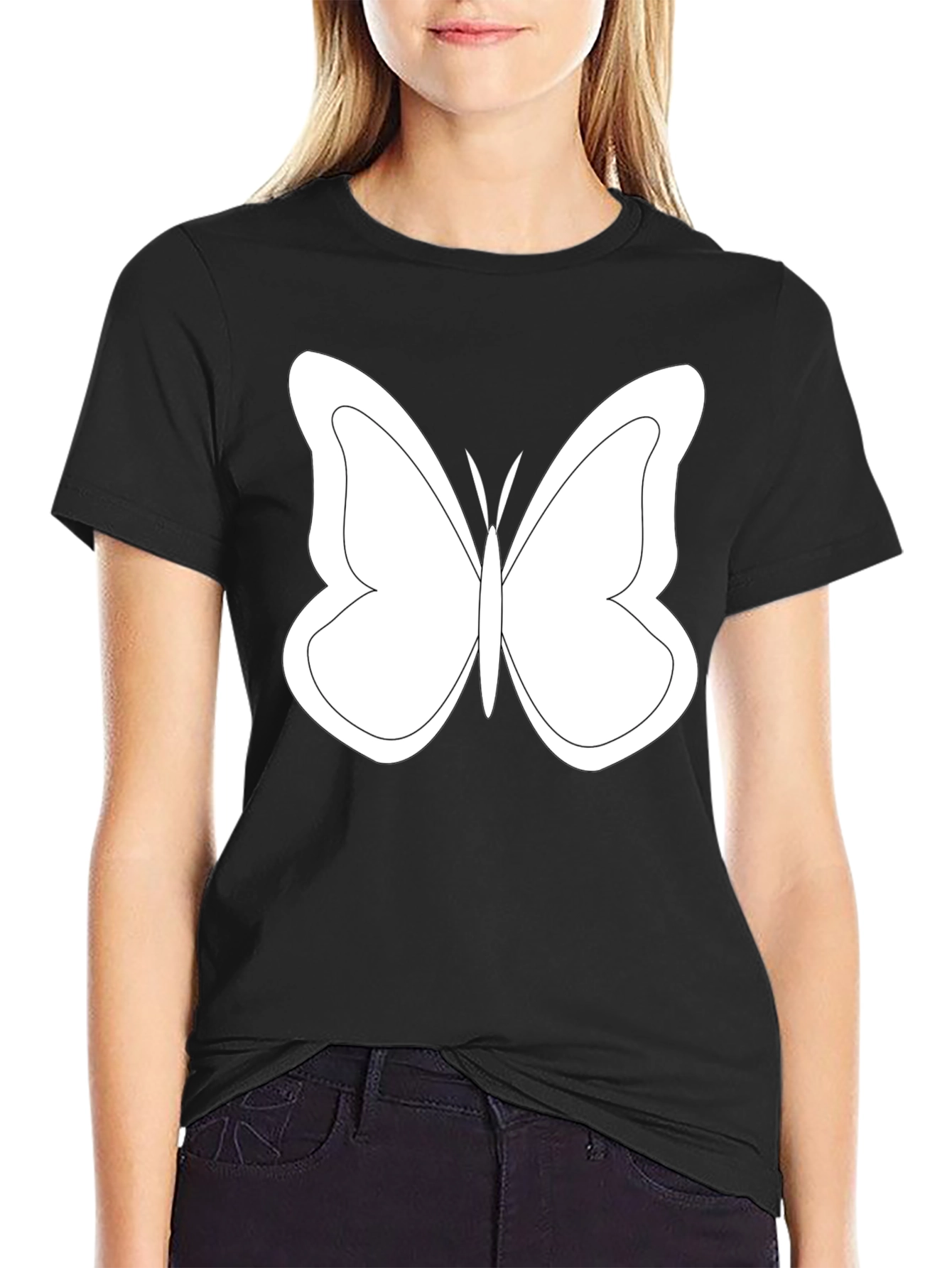 Black T-Shirt with White Butterfly Graphic