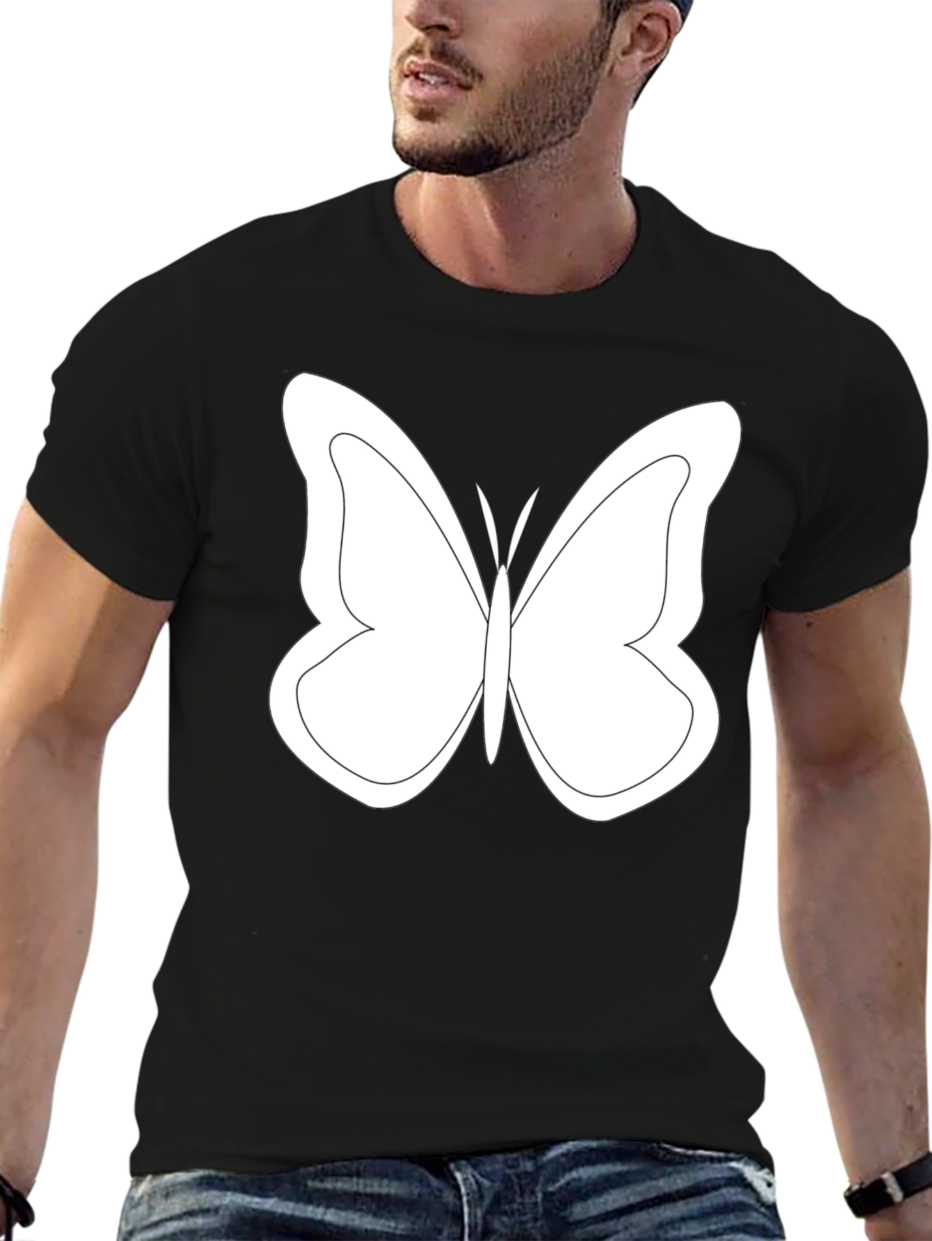 Black T-Shirt with White Butterfly Graphic
