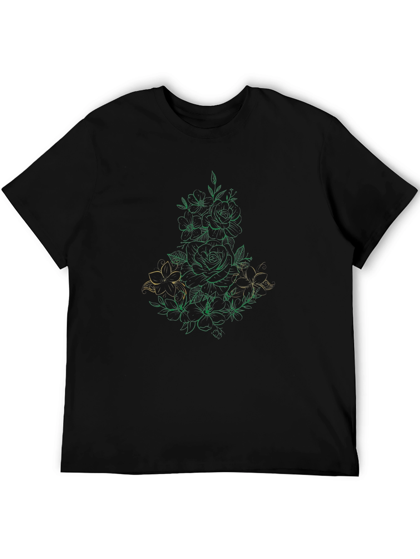 Floral Line Art Black T-Shirt