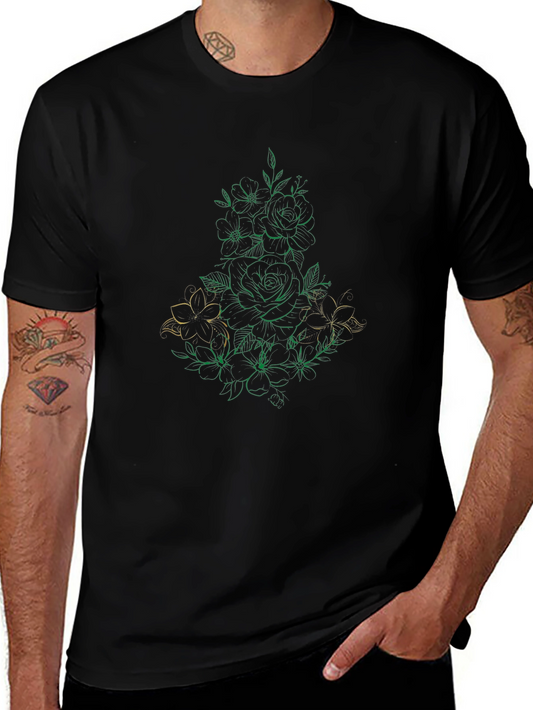 Floral Line Art Black T-Shirt