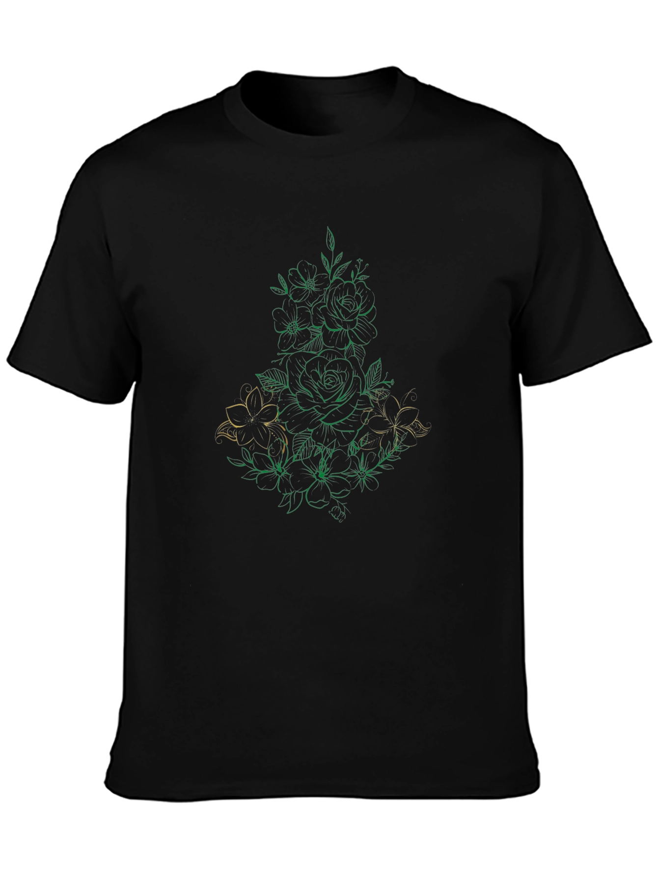 Floral Line Art Black T-Shirt