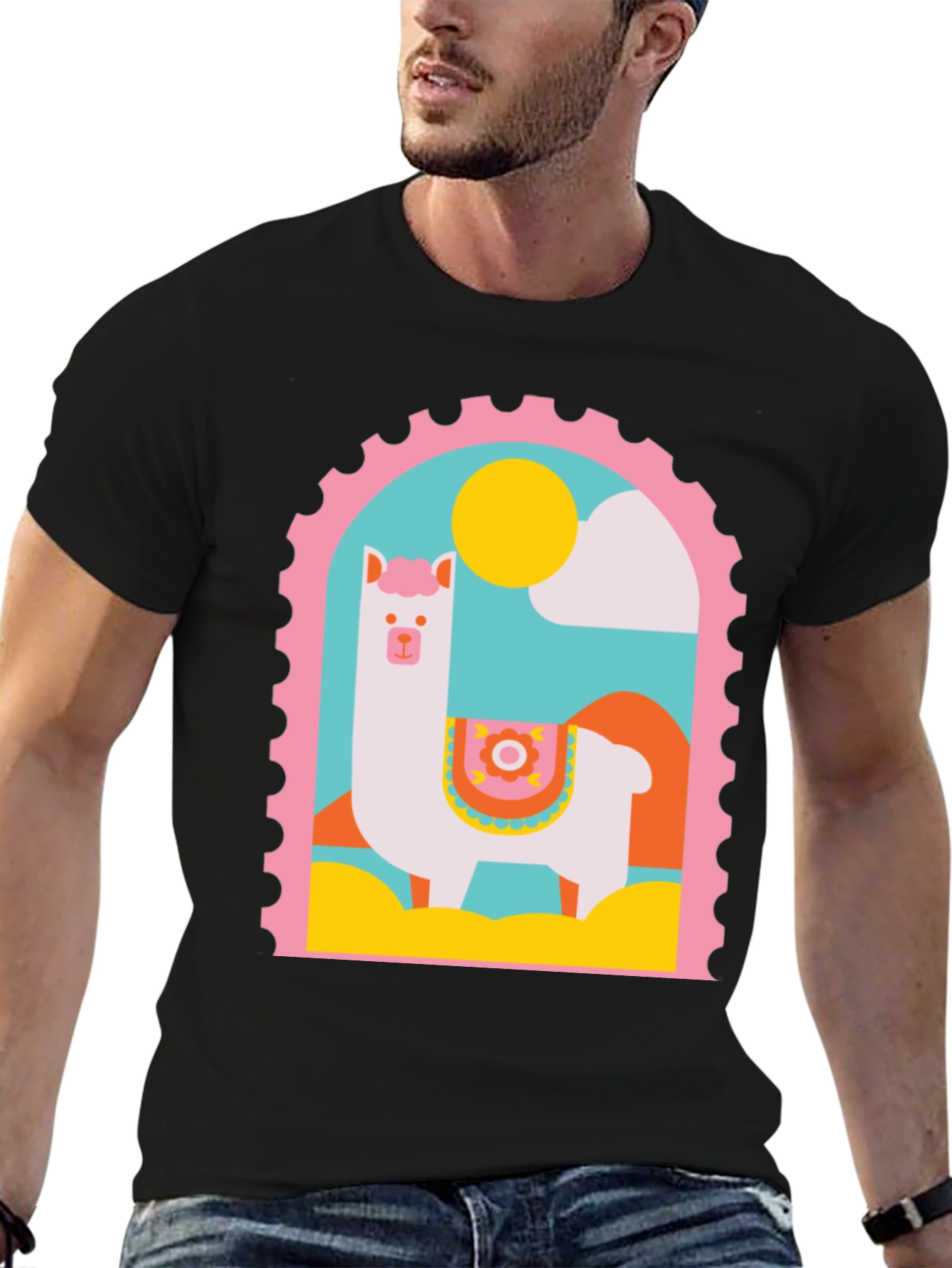 Llama Stamp Graphic Tee - Trendy Casual Top