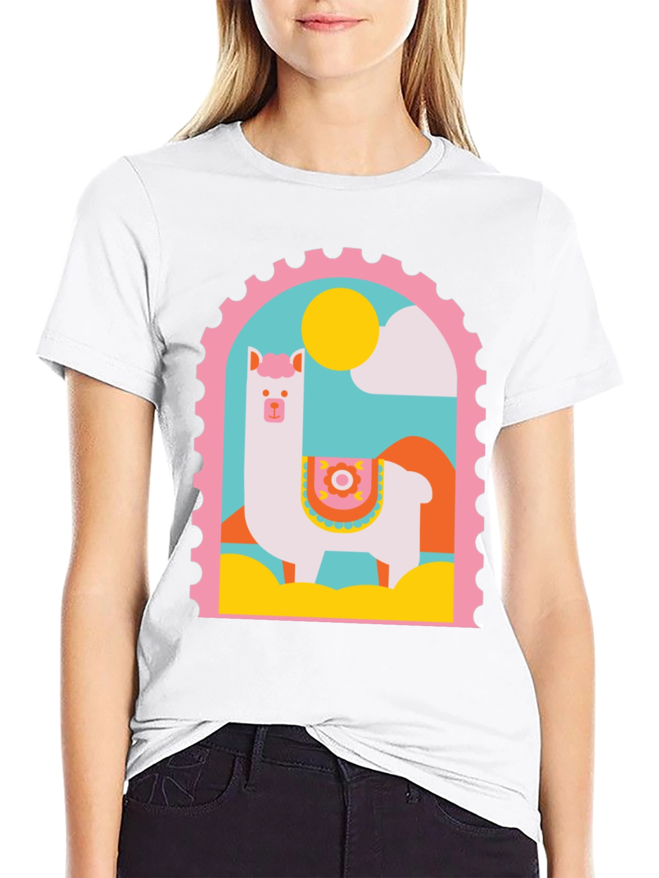 Llama Stamp Graphic Tee - Trendy Casual Top