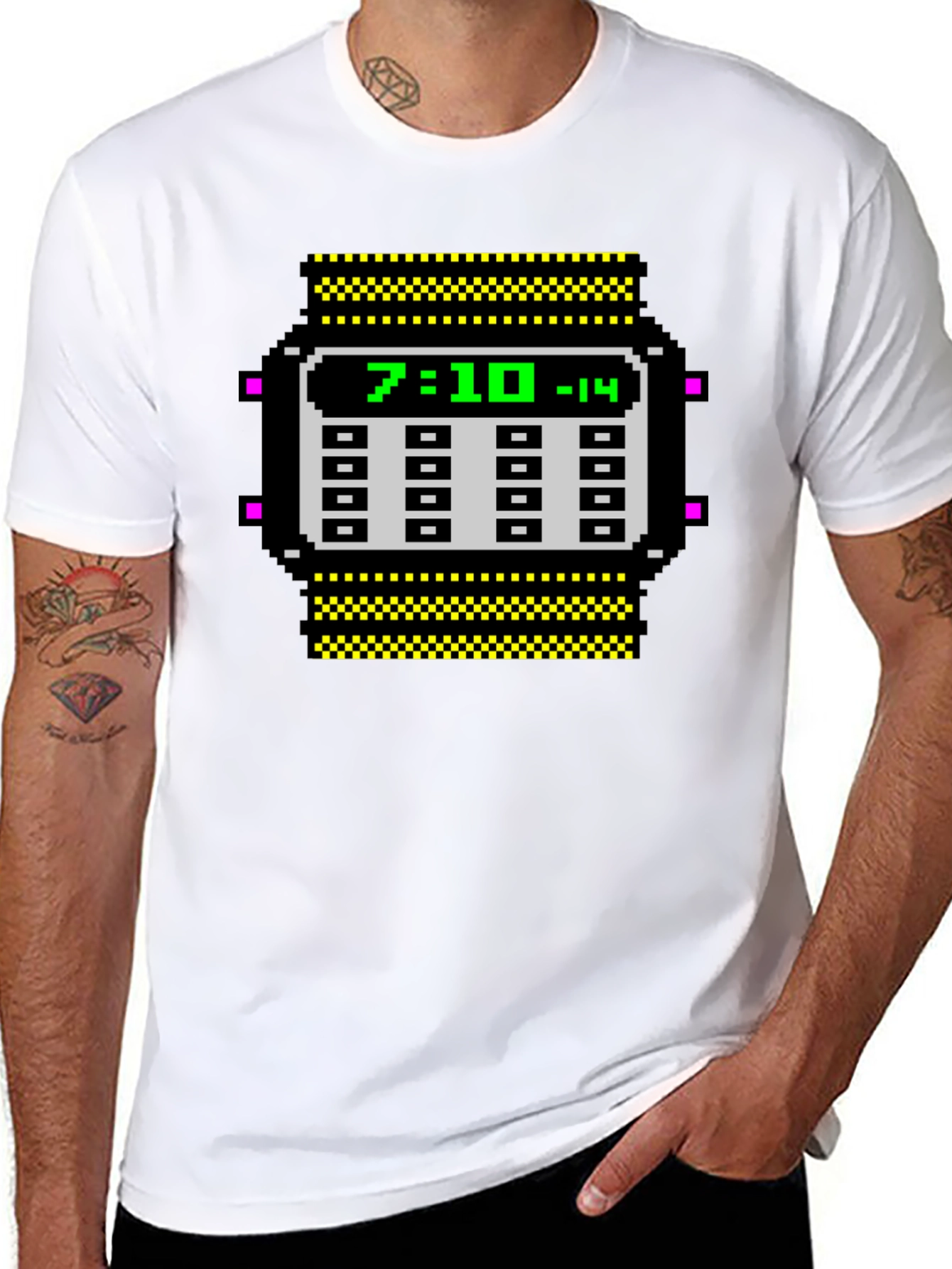Retro Pixel Watch T-Shirt - Geeky Timepiece Design