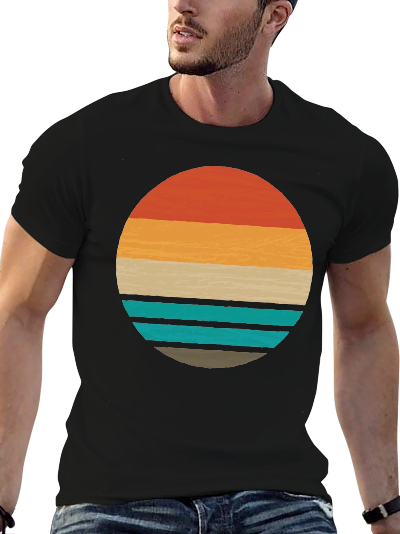 Retro Sunset Graphic Tee - Stylish Mens Black T-Shirt
