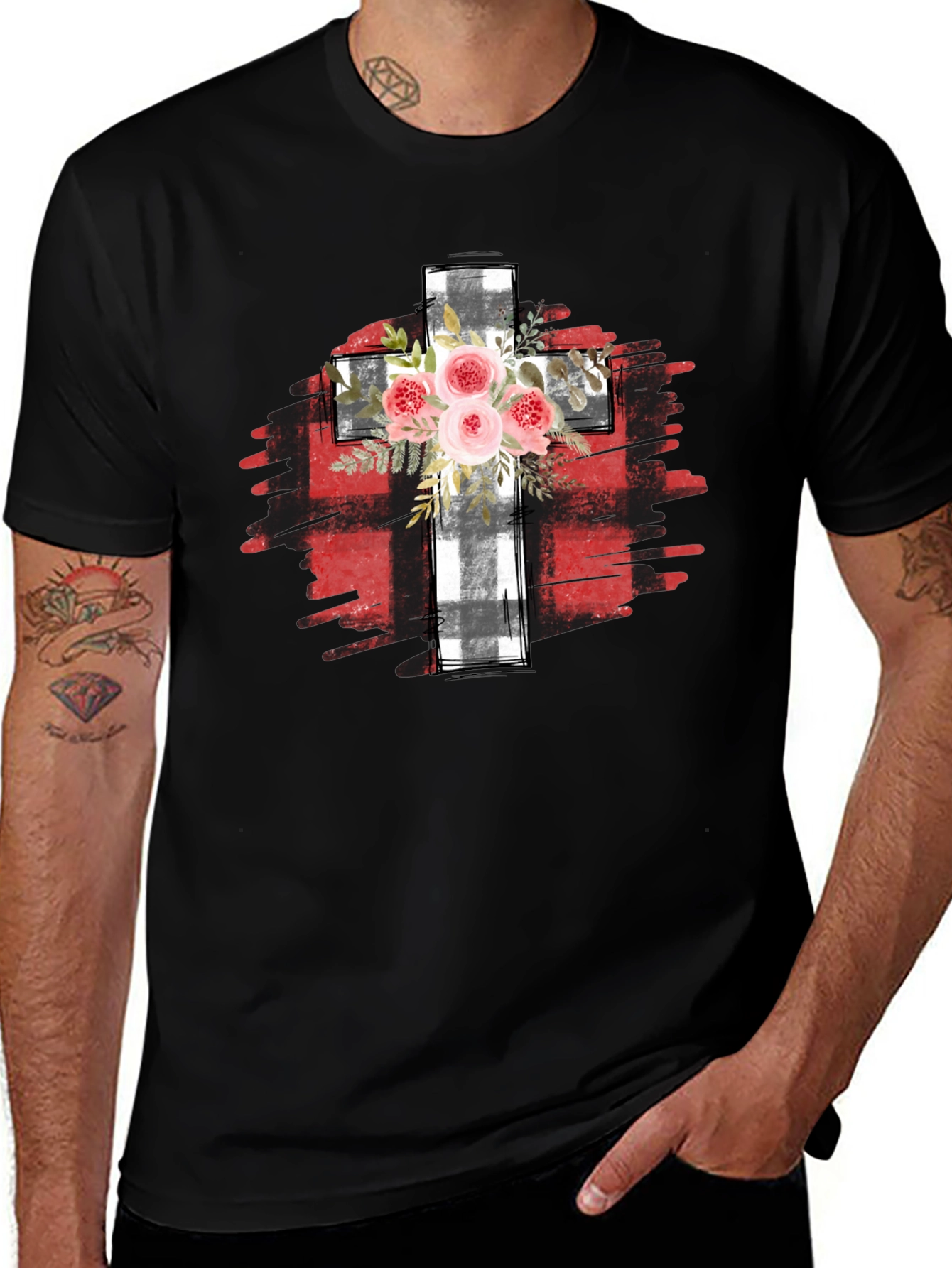 Floral Cross Graphic T-Shirt - Black