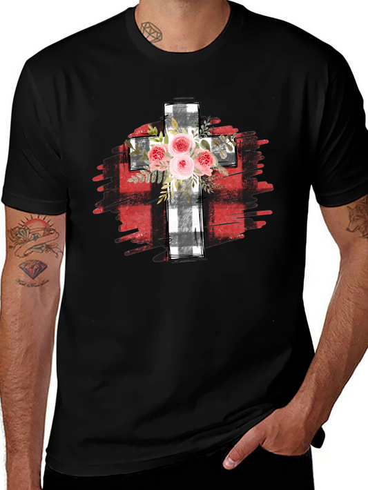 Floral Cross Graphic T-Shirt - Black