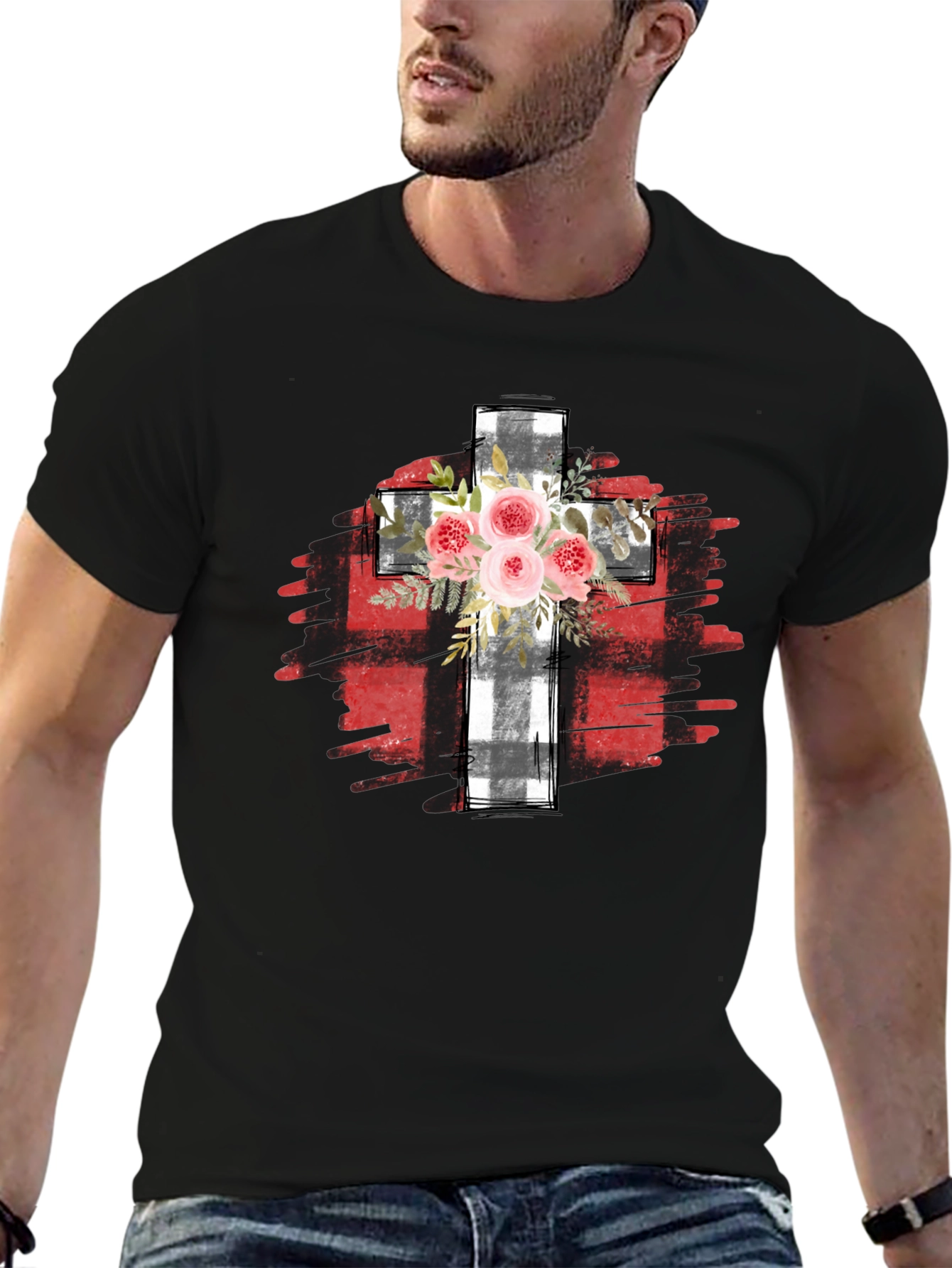 Floral Cross Graphic T-Shirt - Black