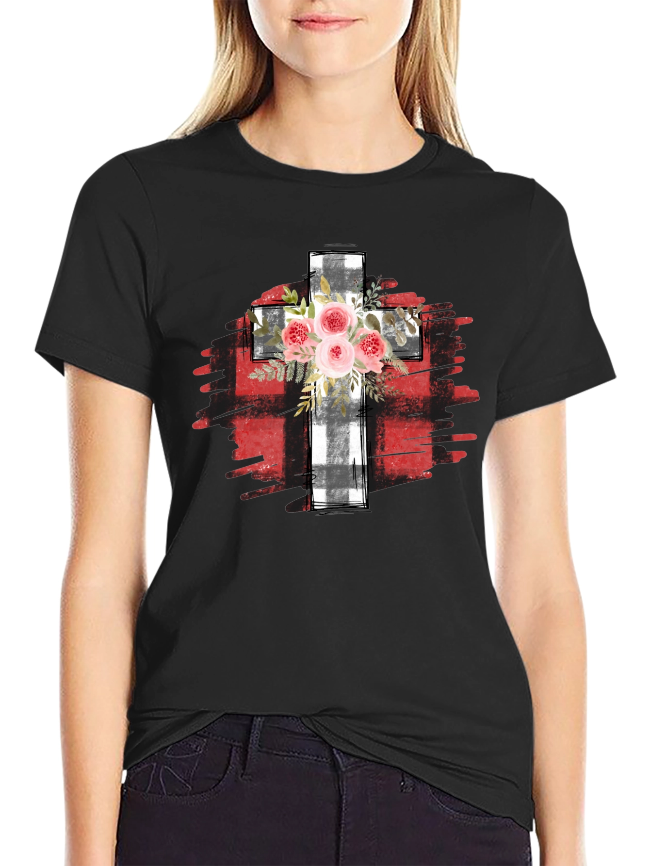 Floral Cross Graphic T-Shirt - Black