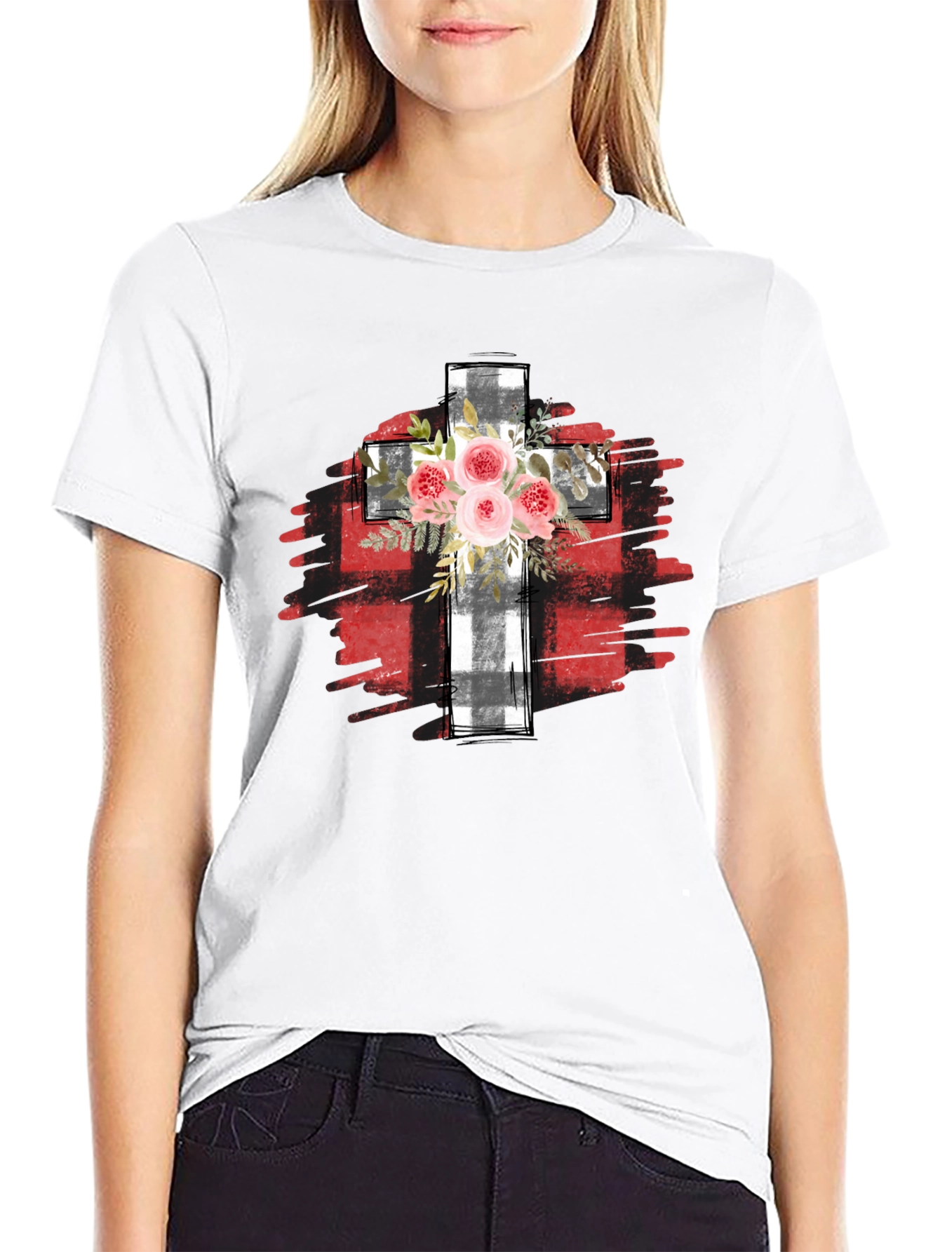 Floral Cross Graphic T-Shirt - Black