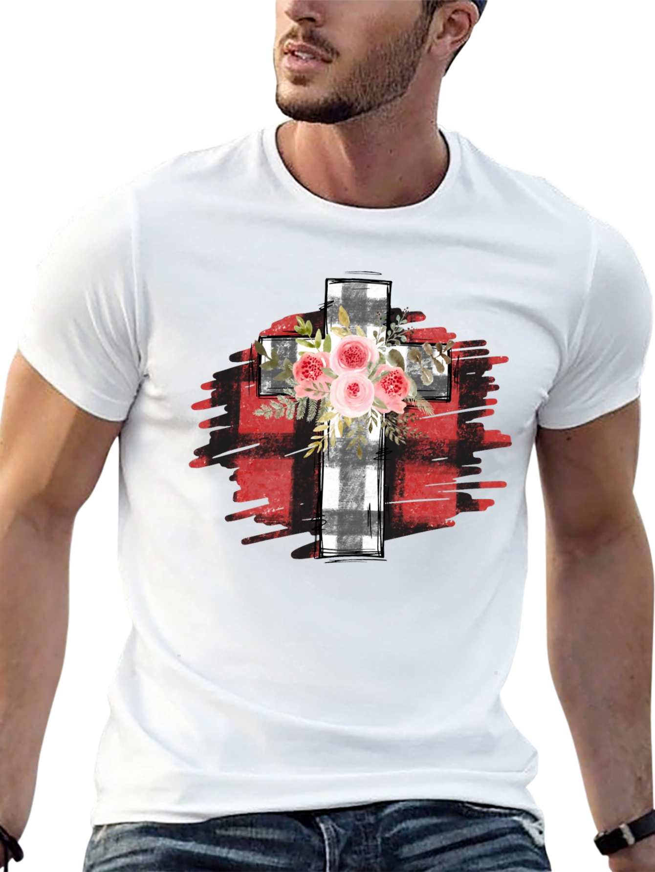 Floral Cross Graphic T-Shirt - Black