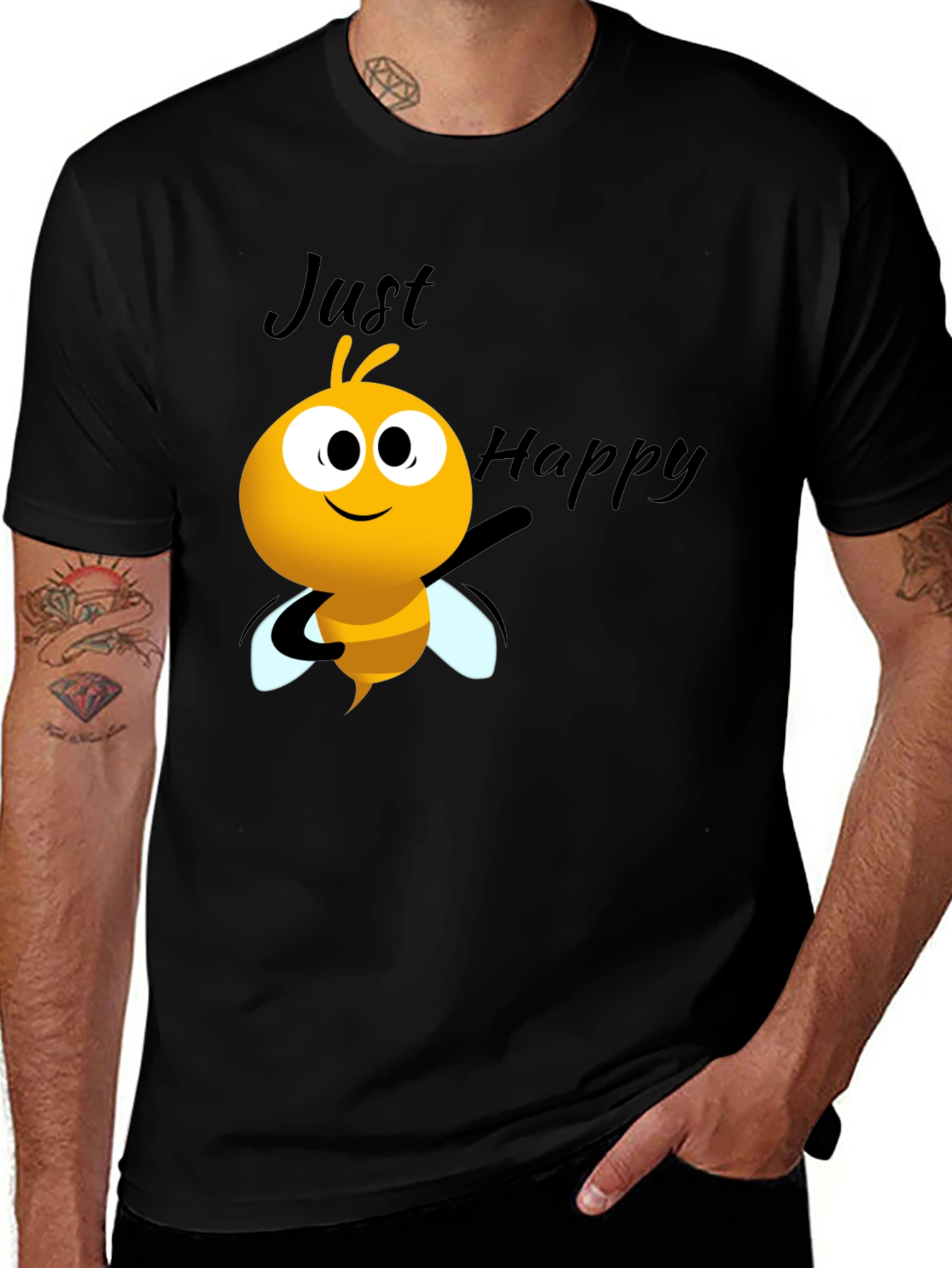 Just Happy Bee Graphic Tee - Black Crew Neck