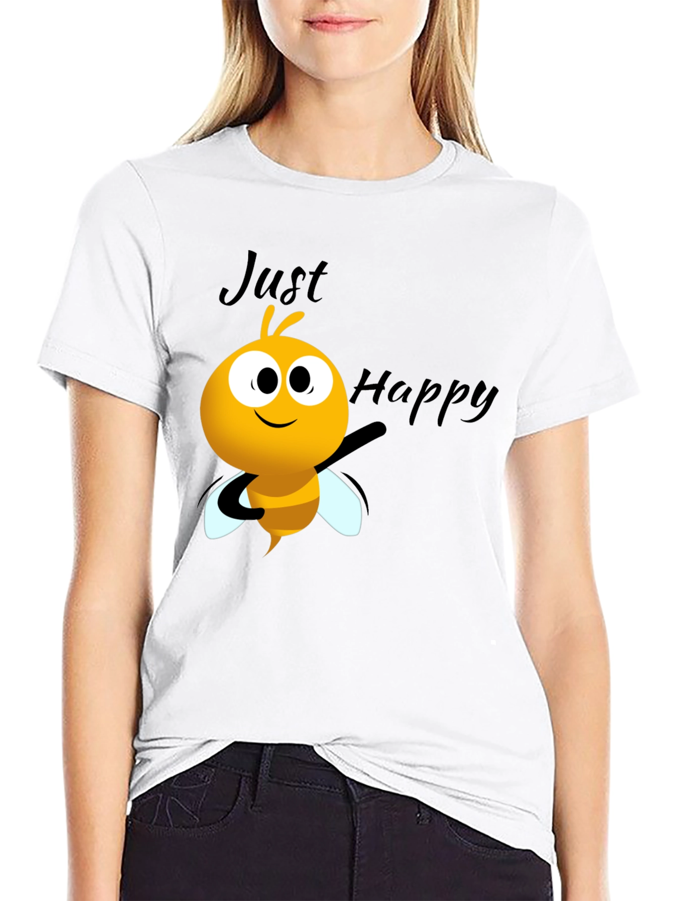 Just Happy Bee Graphic Tee - Black Crew Neck