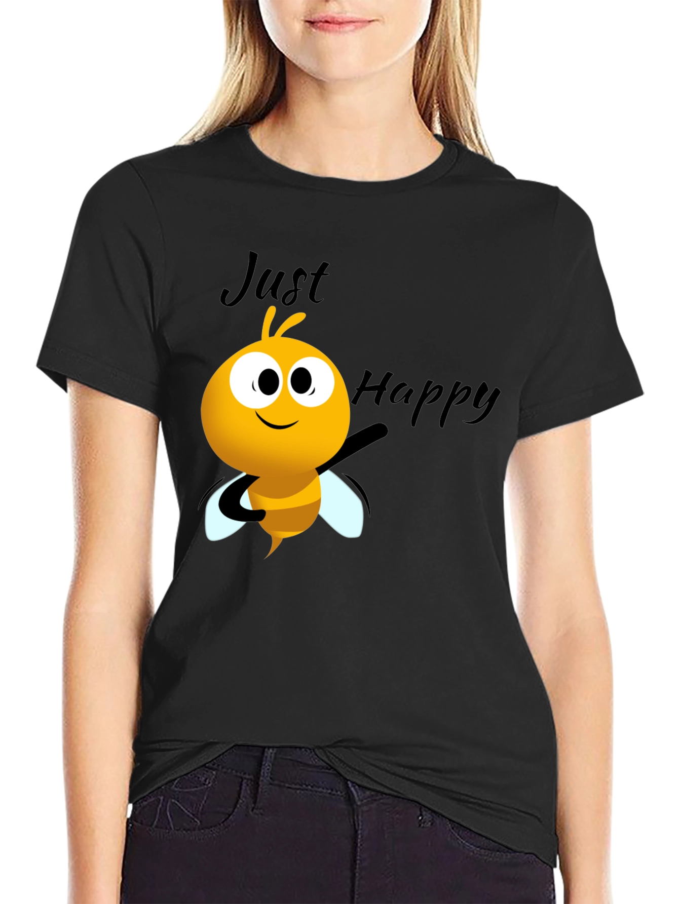 Just Happy Bee Graphic Tee - Black Crew Neck