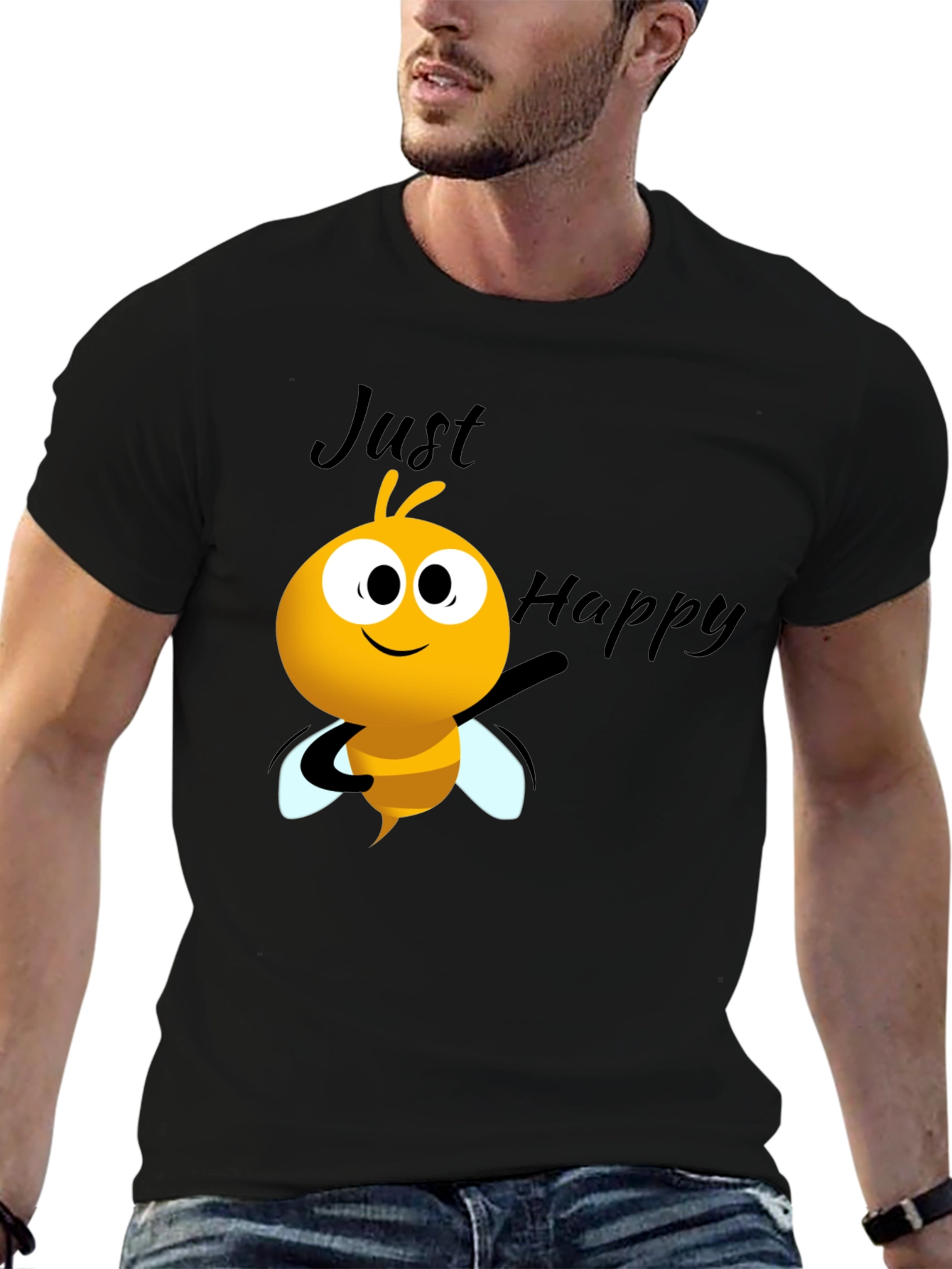 Just Happy Bee Graphic Tee - Black Crew Neck