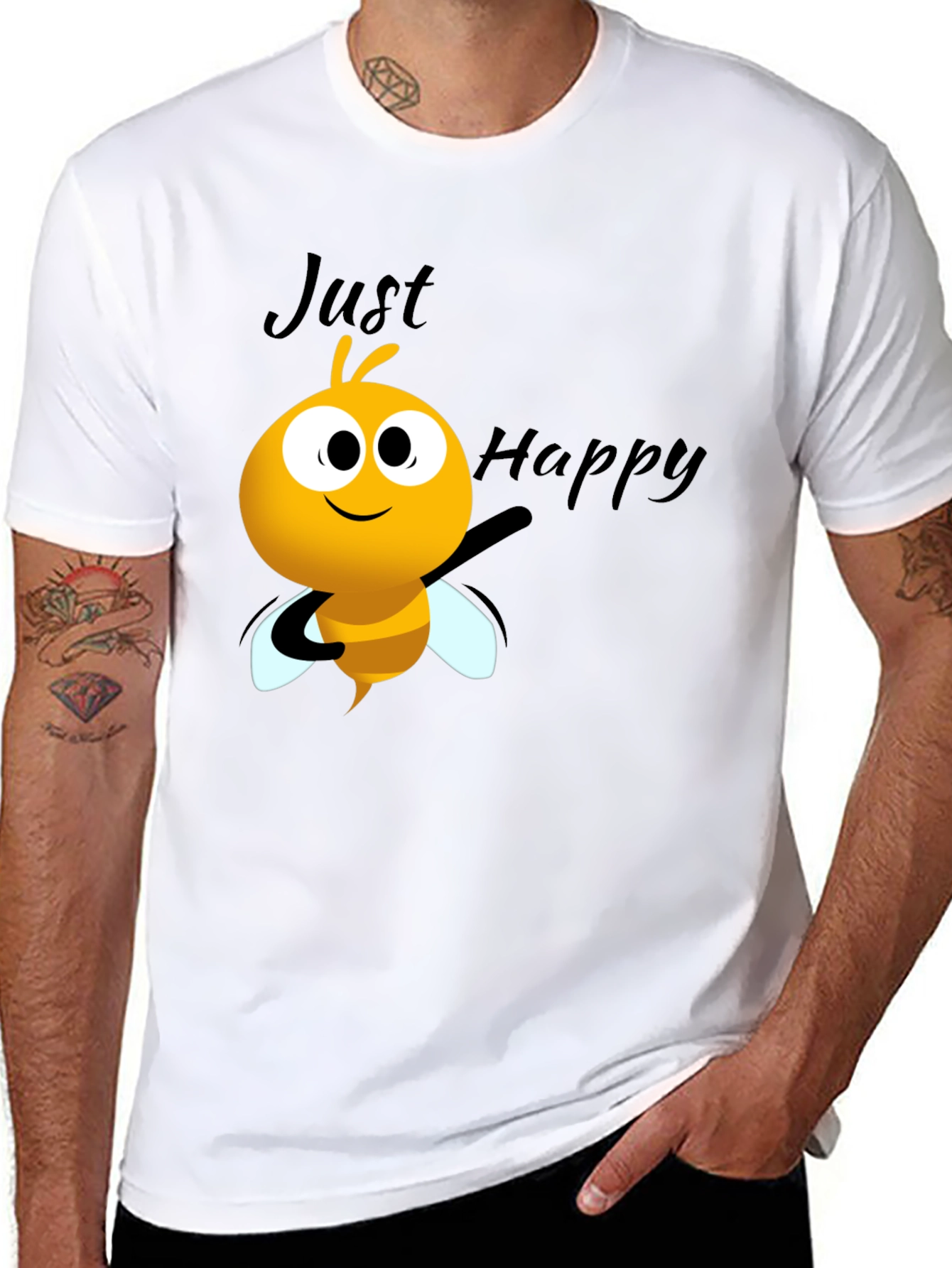 Just Happy Bee Graphic Tee - Black Crew Neck